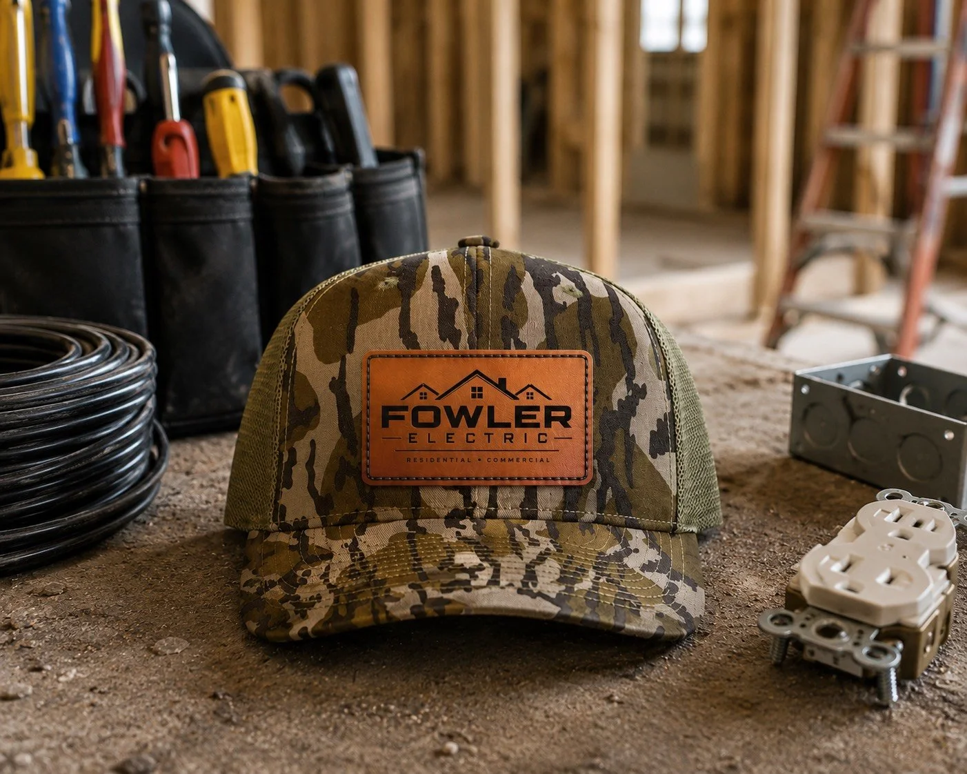 A camouflage baseball cap with an orange logo reading Fowler Electric in an unfinished building with tools and electrical components around it.