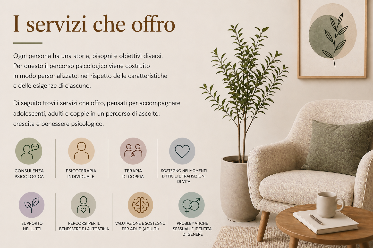 Pagina informativa sui servizi psicologici con icone e testo descrittivo. Sfondo di un angolo di stanza con una poltrona beige, una pianta e un quadro con una foglia.