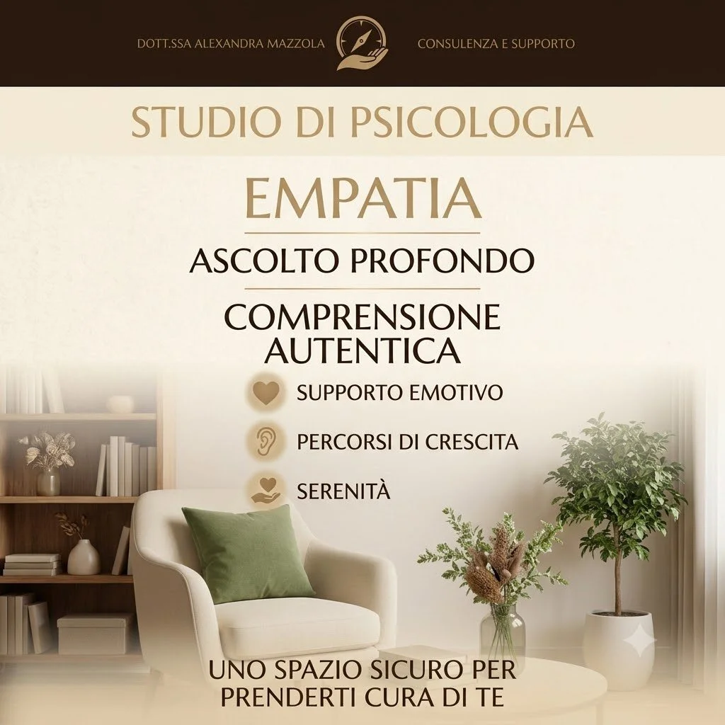 Immagine di un flyer promozionale per uno studio di psicologia che offre servizi di empatia, ascolto profondo, comprensione autentica, supporto emotivo, percorsi di crescita e serenità, con un'area relax con sedia e piante.