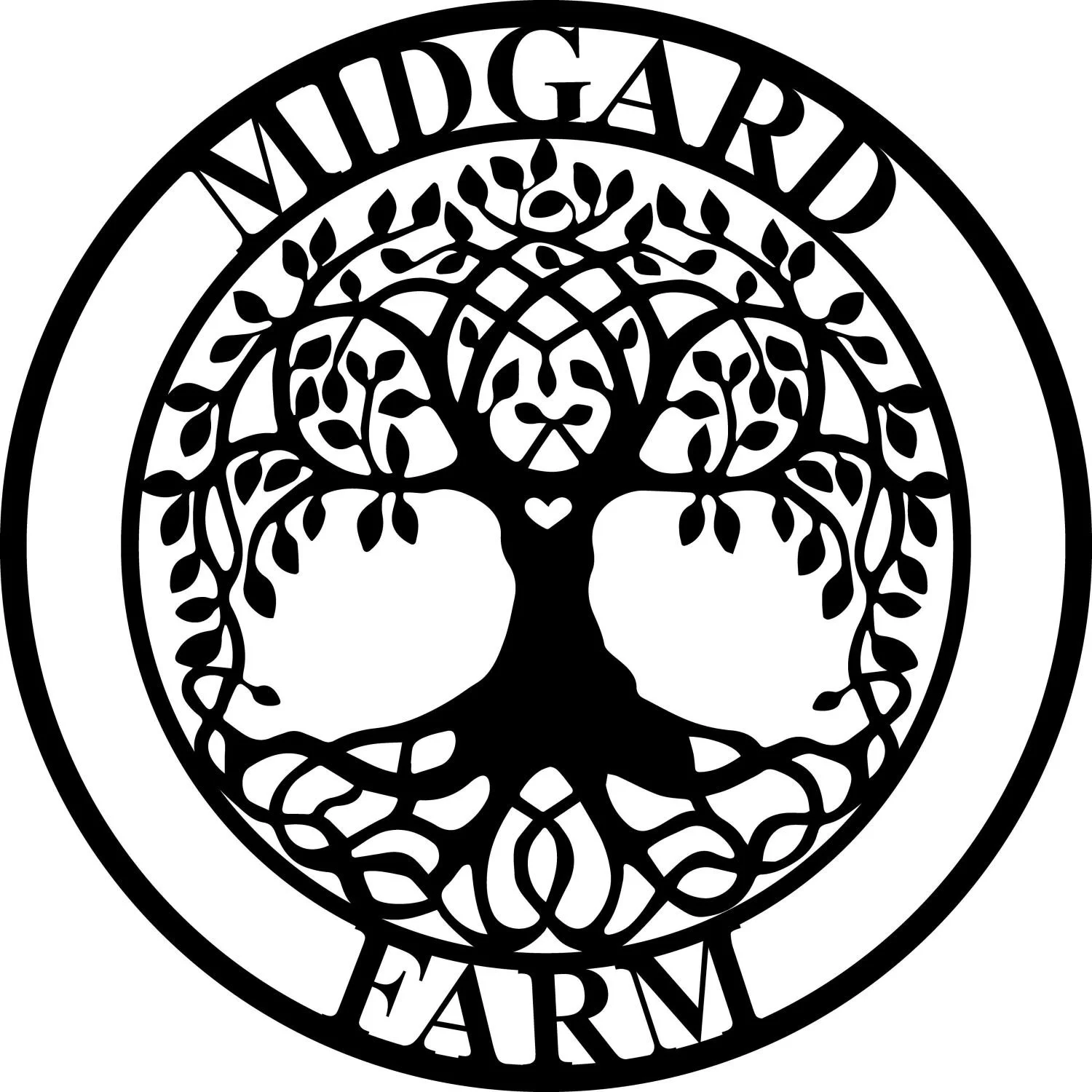 Black and white circular logo featuring a tree with roots and branches, with the words 'MIDGARD FARM' around the top and bottom of the circle.