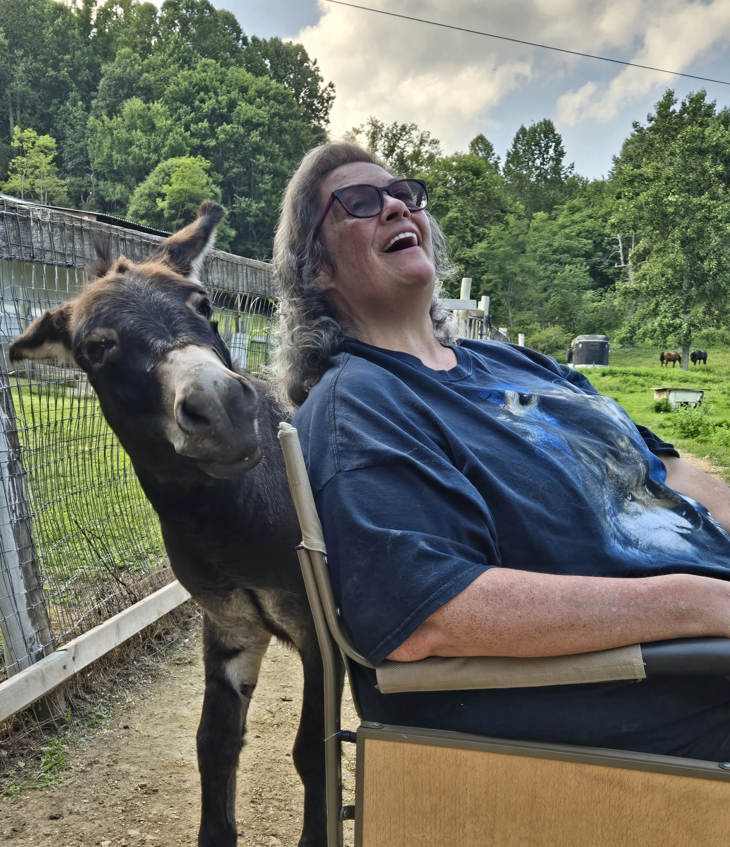 A woman with glasses sitting in a lawn chair outdoors, smiling. A mini donkey, partially hidden behind the chair, with its head near her shoulder. In the background, there are trees, a fence, and some grazing animals.