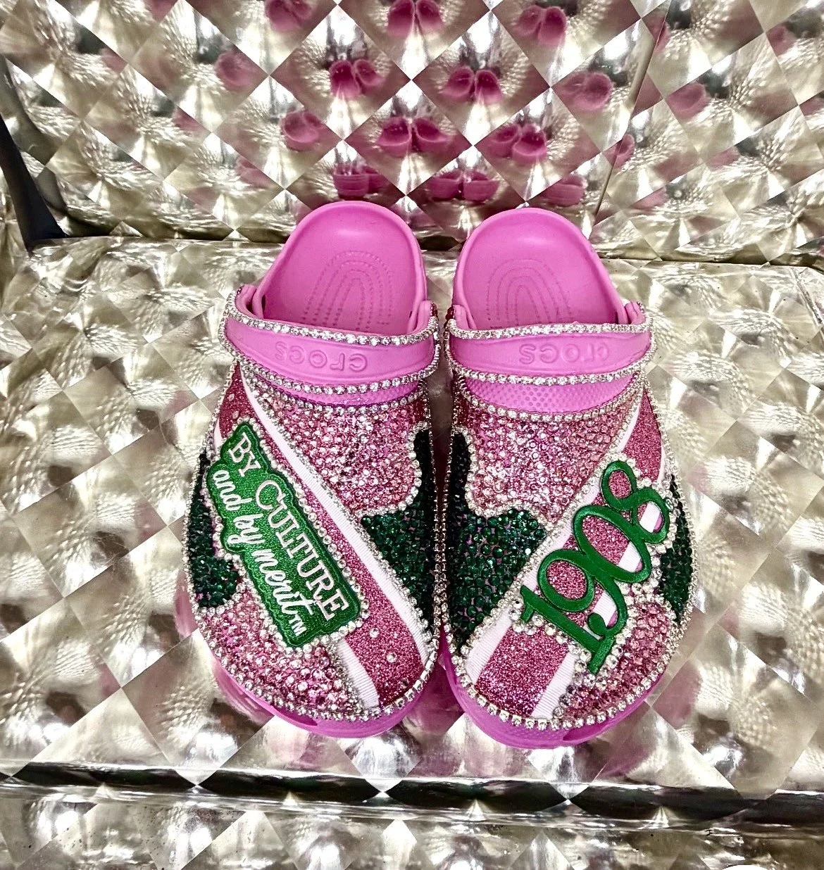 Pink and green crocs