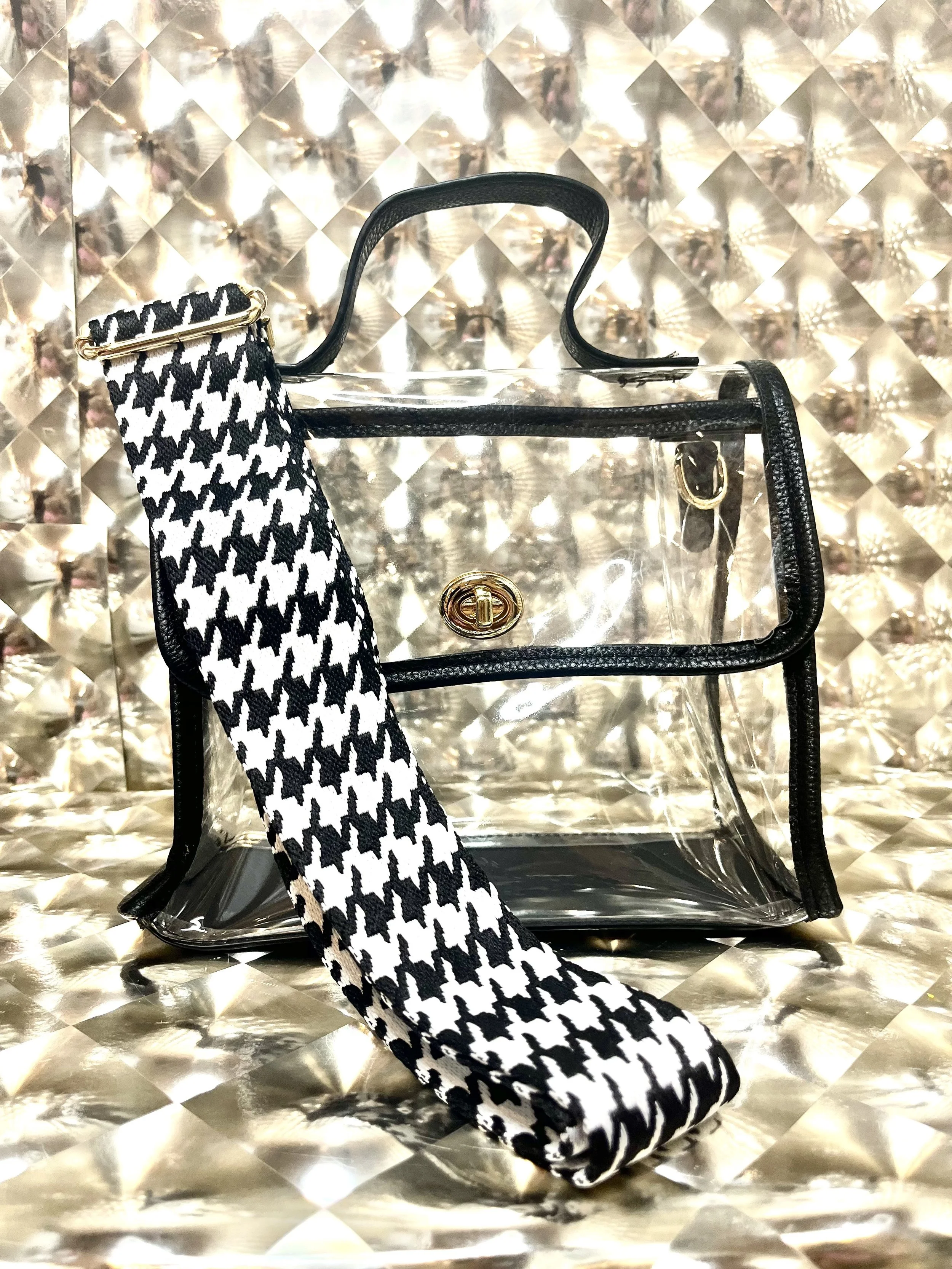 Chic Clear Black Lined Purse with Houndstooth Strap