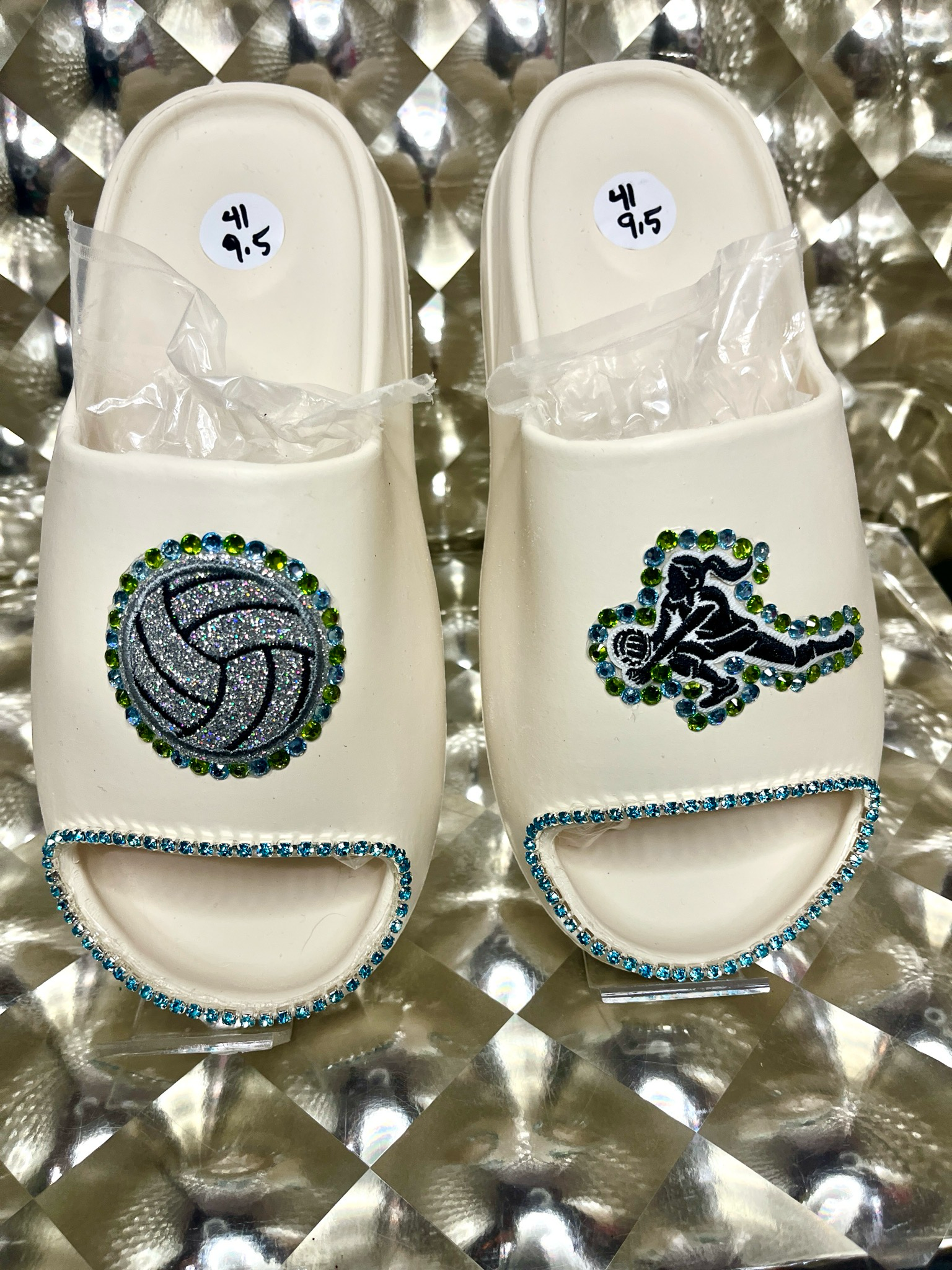 Volleyball Bling Slides - Cream & Green