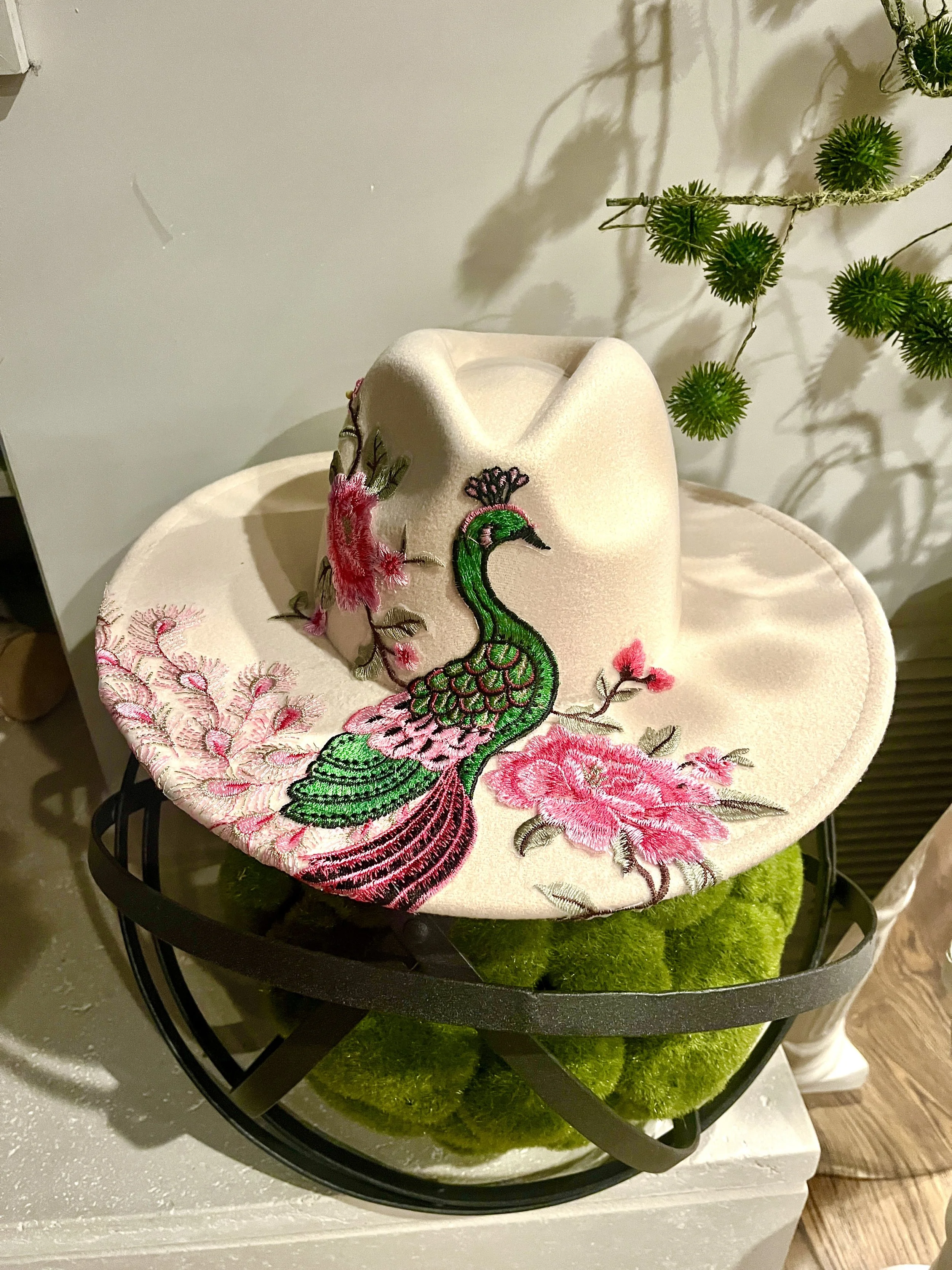 Peacock Fedora Hat - Cream with Floral and Peacock Embellishments