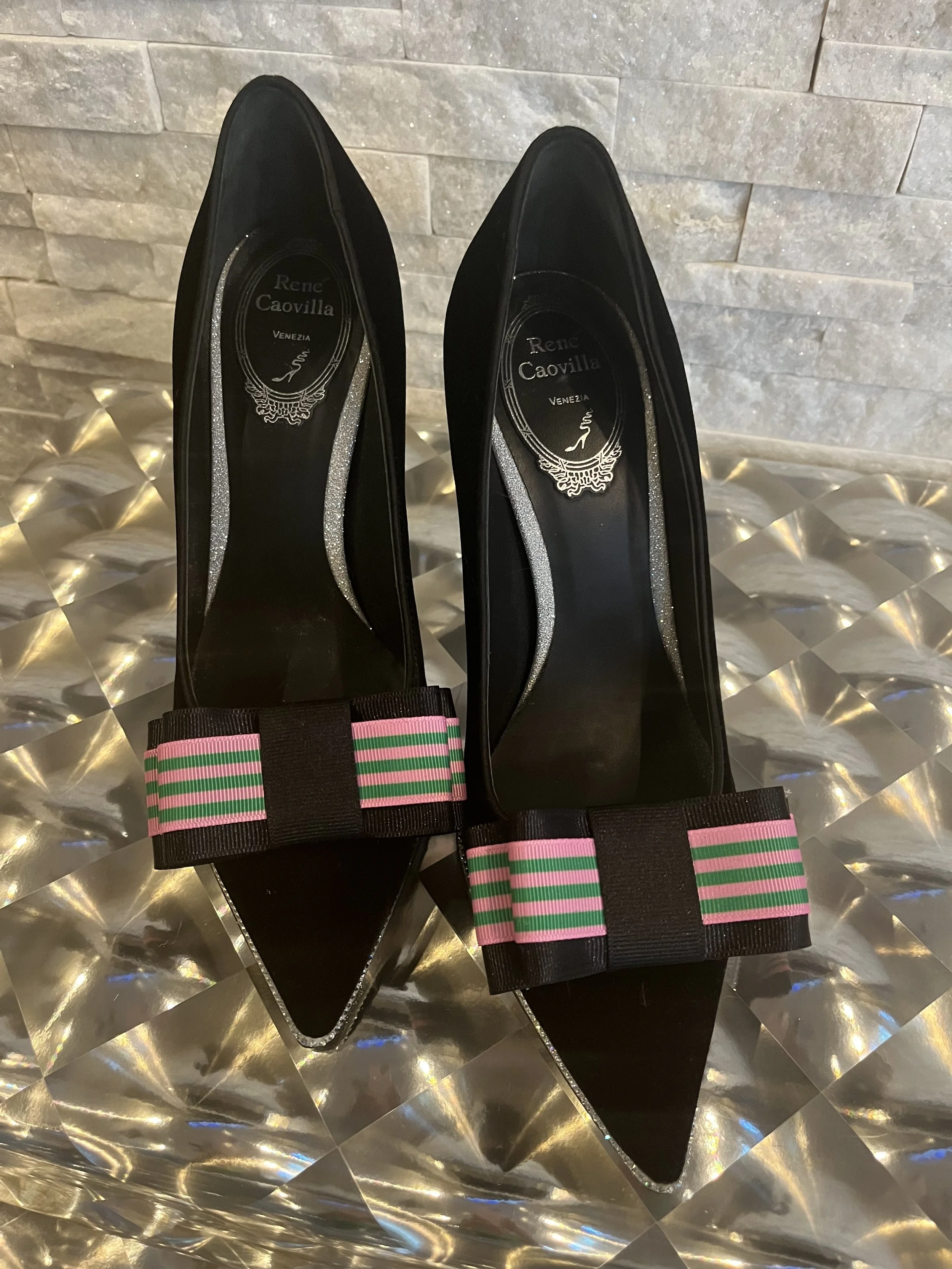 Star-Bling Shoe Bows - Black, Pink & Green Stripes