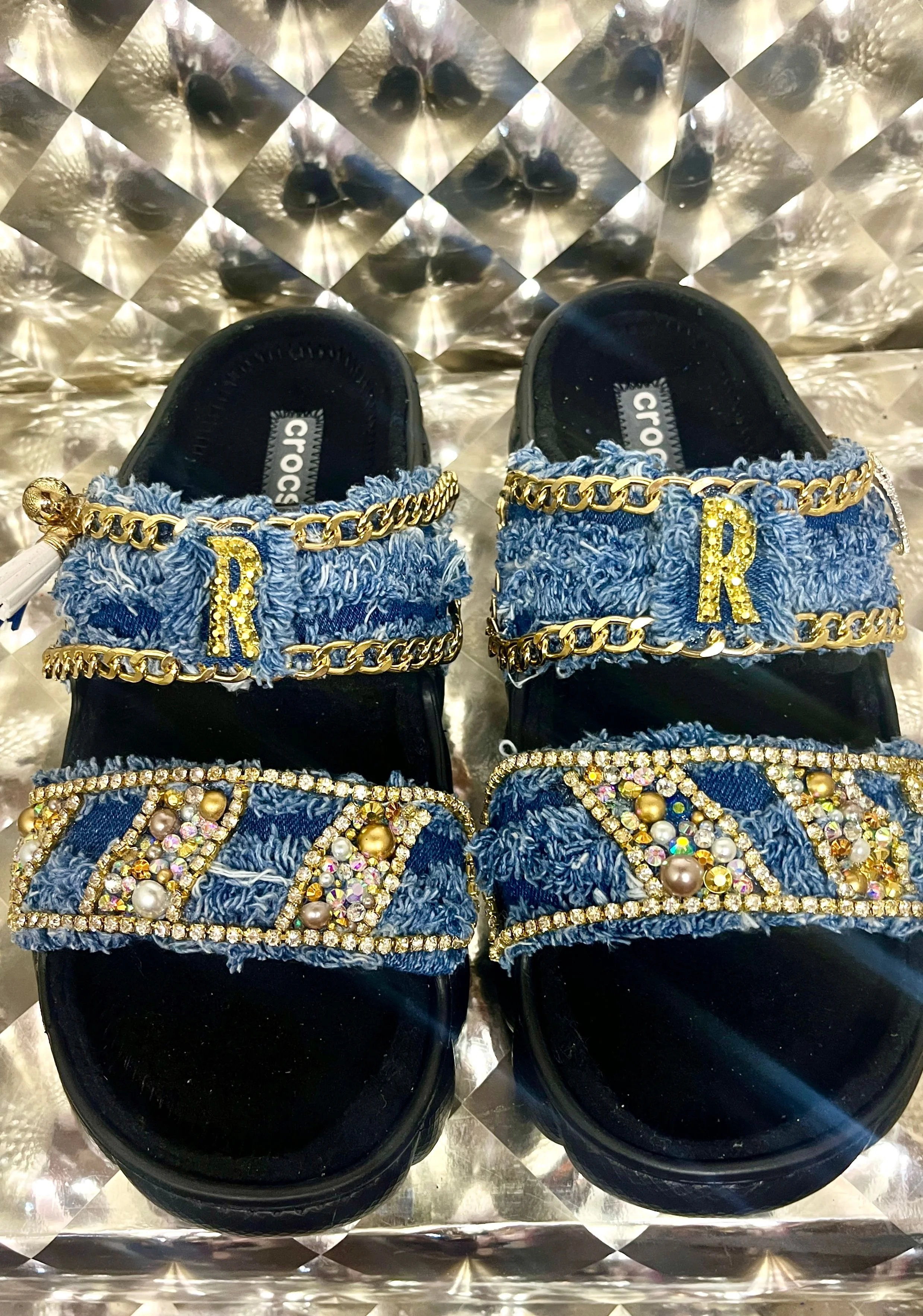 Denim Glam Crocs with Jewel Accents