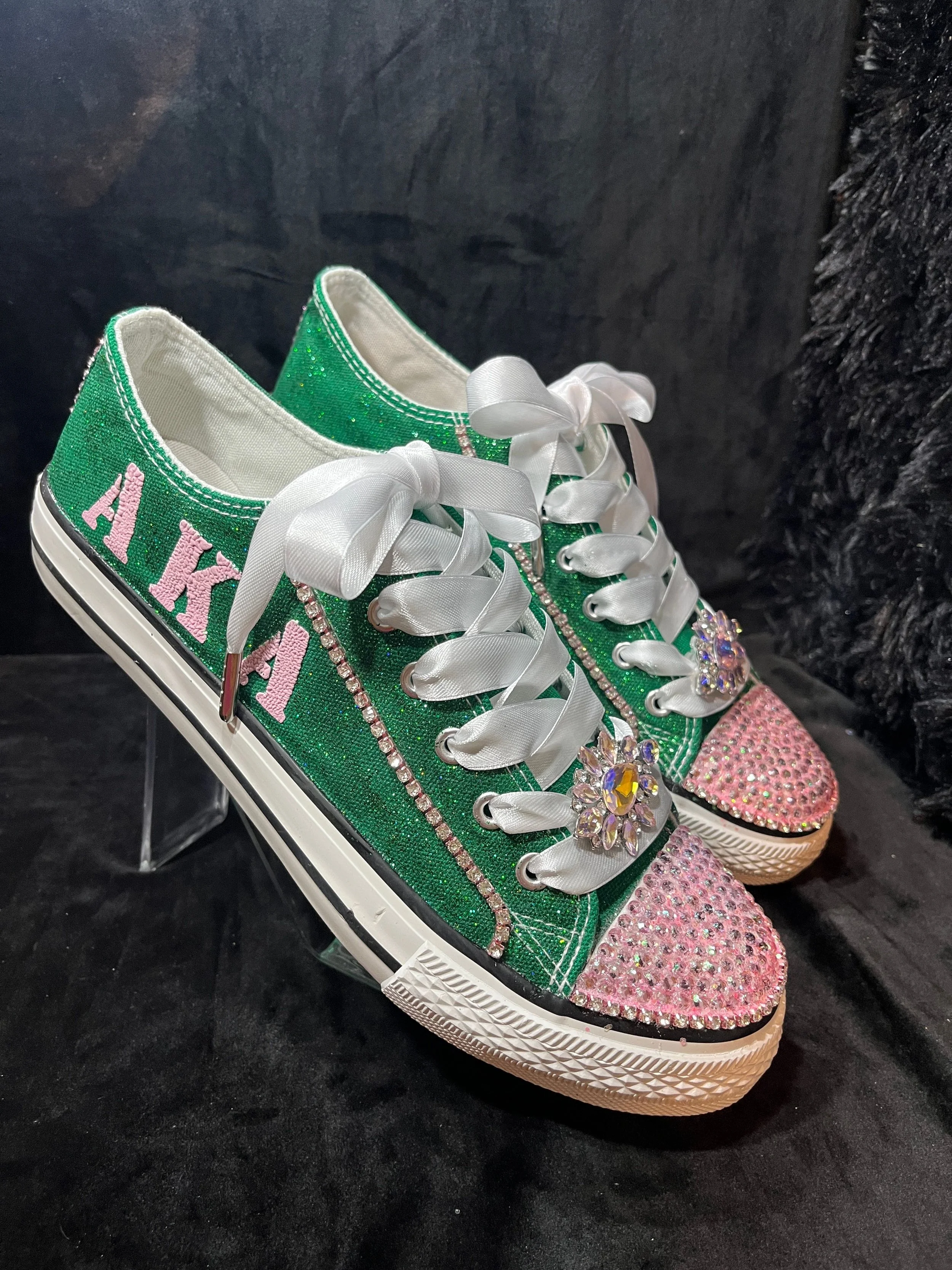 Glamorous Green & Pink Rhinestone Tennis Shoes
