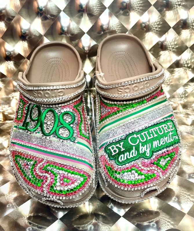 Khaki "Swirl" Bling Crocs with Rhinestones