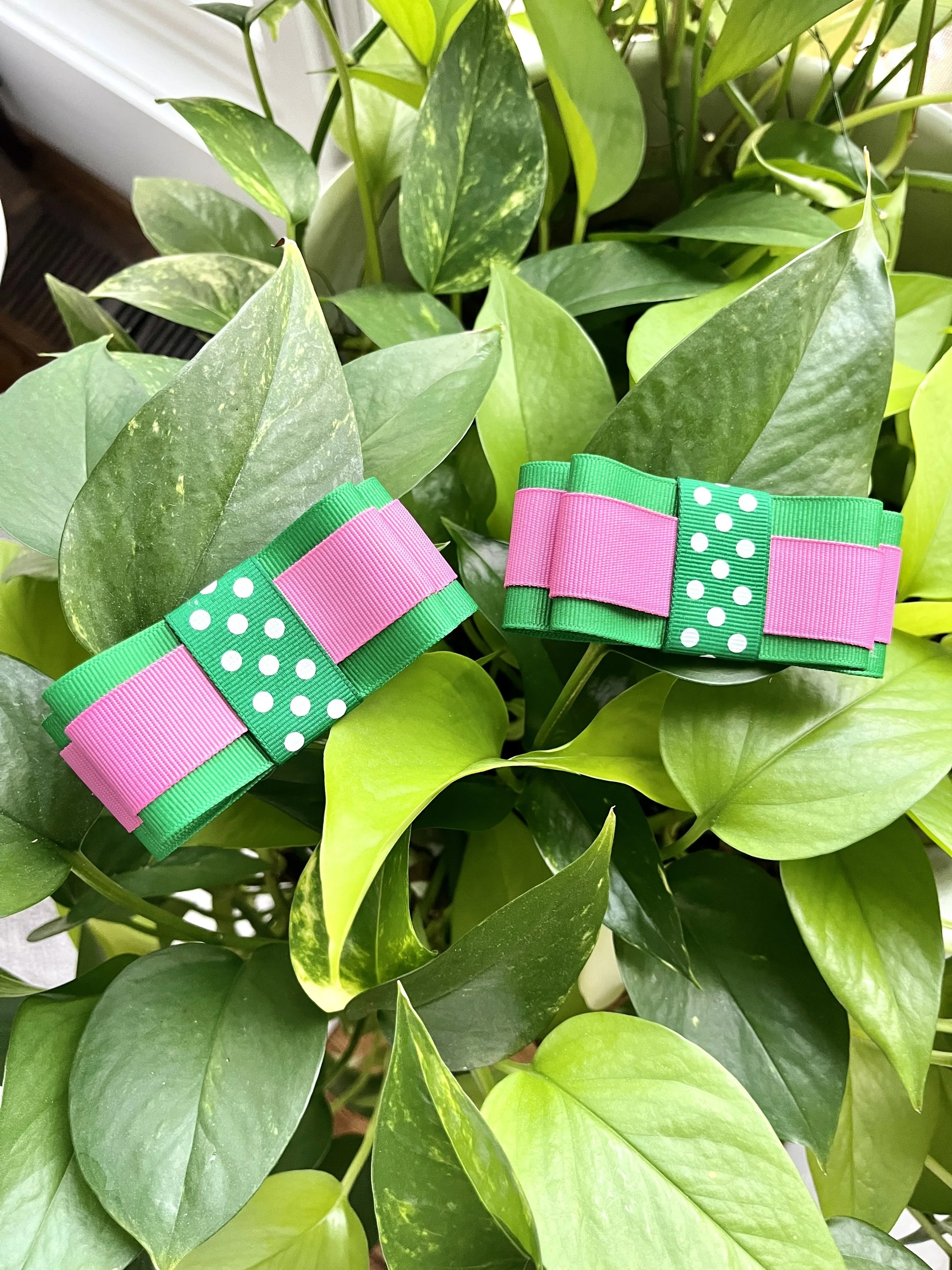 Star-Bling green polka dot ribbon shoe bows with pink $35.00.jpg