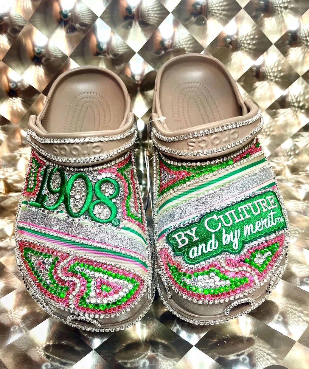 Khaki "Swirl" Crocs with Rhinestone Embellishments