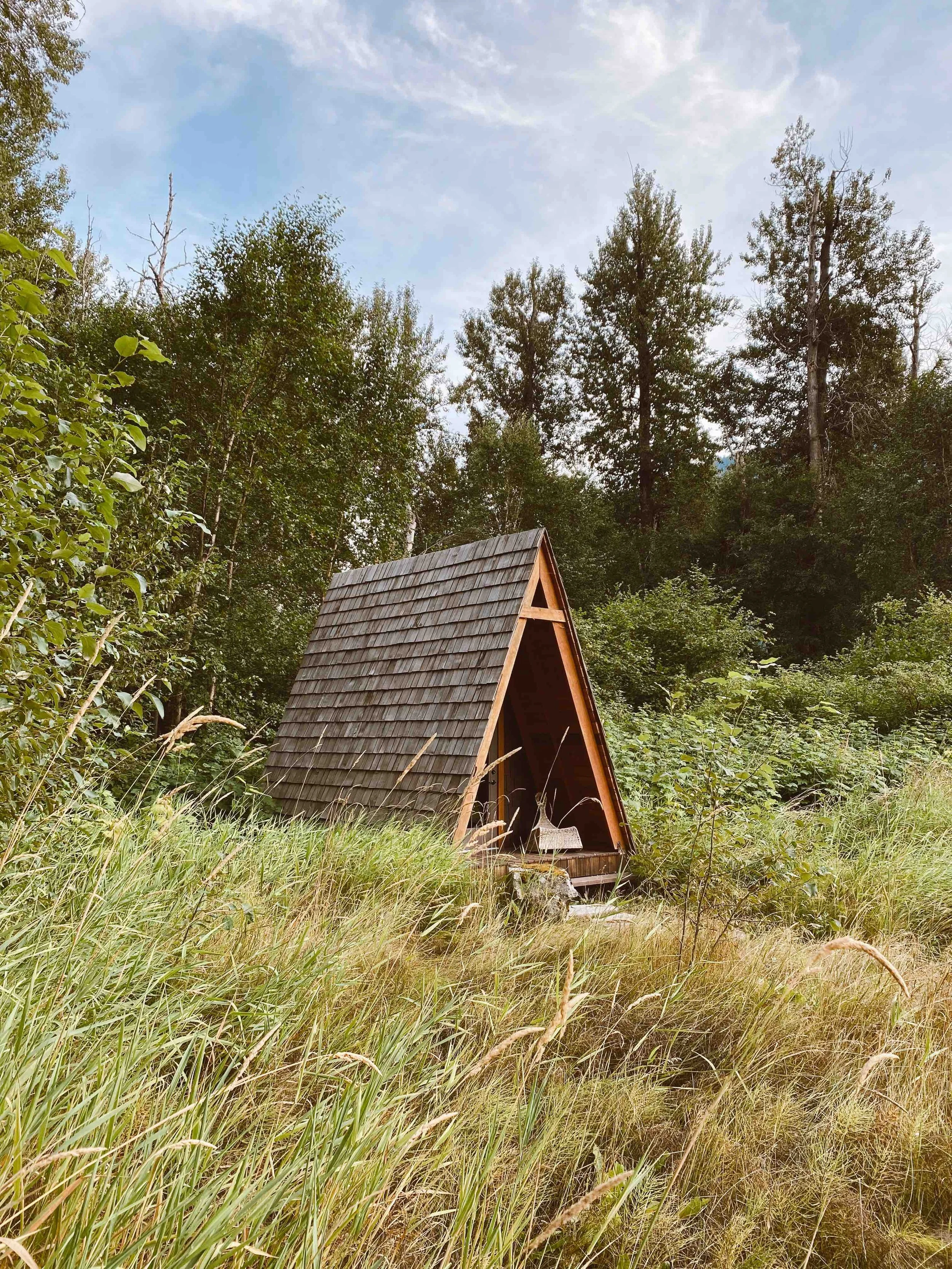 A small wooden A-frame structure with a shingled roof is situated in a grassy area surrounded by tall bushes and trees in a forested setting under a partly cloudy sky.
