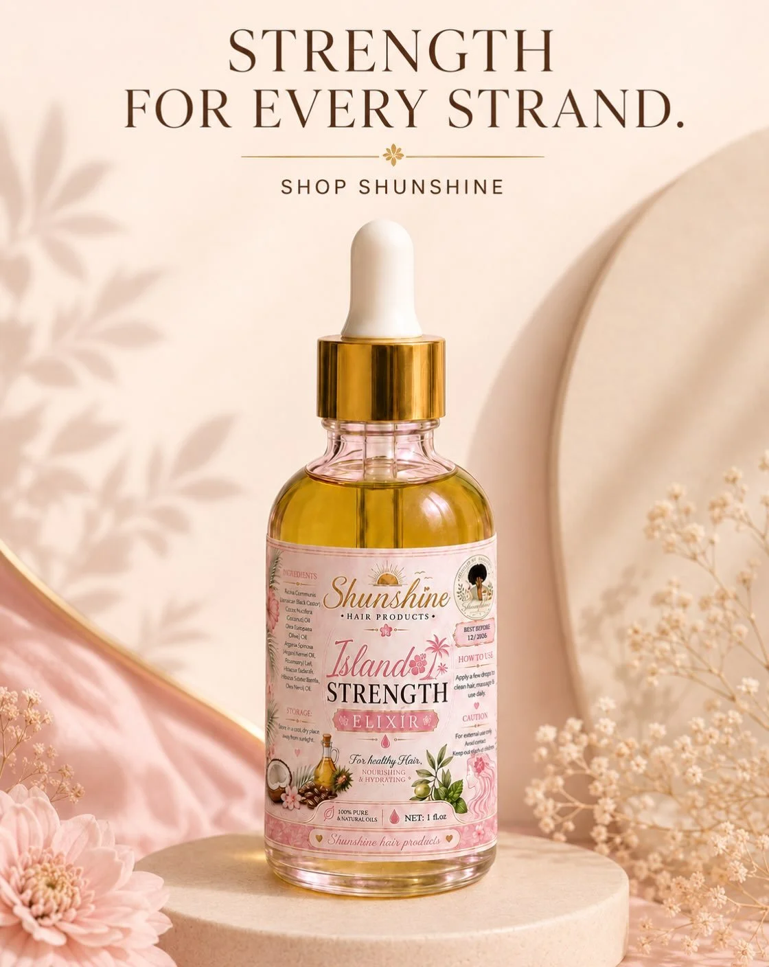 Give every strand a touch of island strength. 🌺🥥

Island Strength Elixir is a tropical blend of natural oils created to nourish, hydrate, and soften your hair while leaving every strand with a healthy-looking glow.

Massage a few drops into your sc