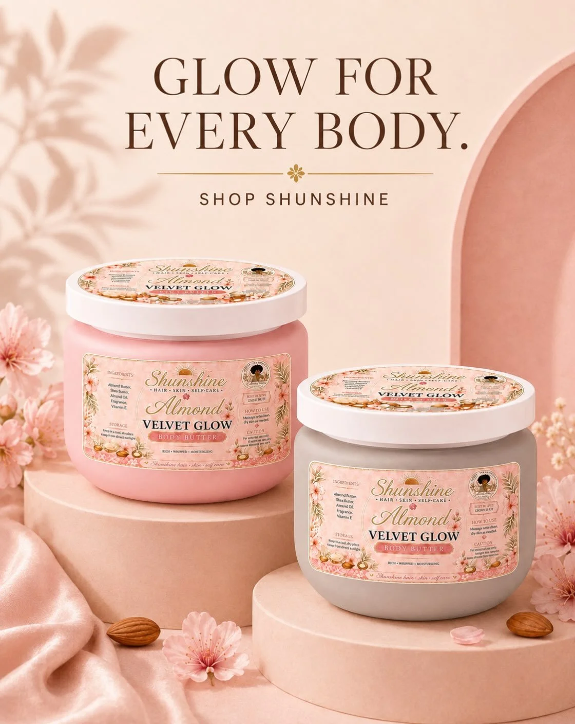 Soft skin, sweet almond goodness &amp; that Velvet Glow ✨🌸

Meet Almond Velvet Glow Body Butter a rich, whipped blend made to leave your skin feeling soft, nourished, moisturized, and glowing. 🤎💕 Perfect for turning your everyday skincare routine 