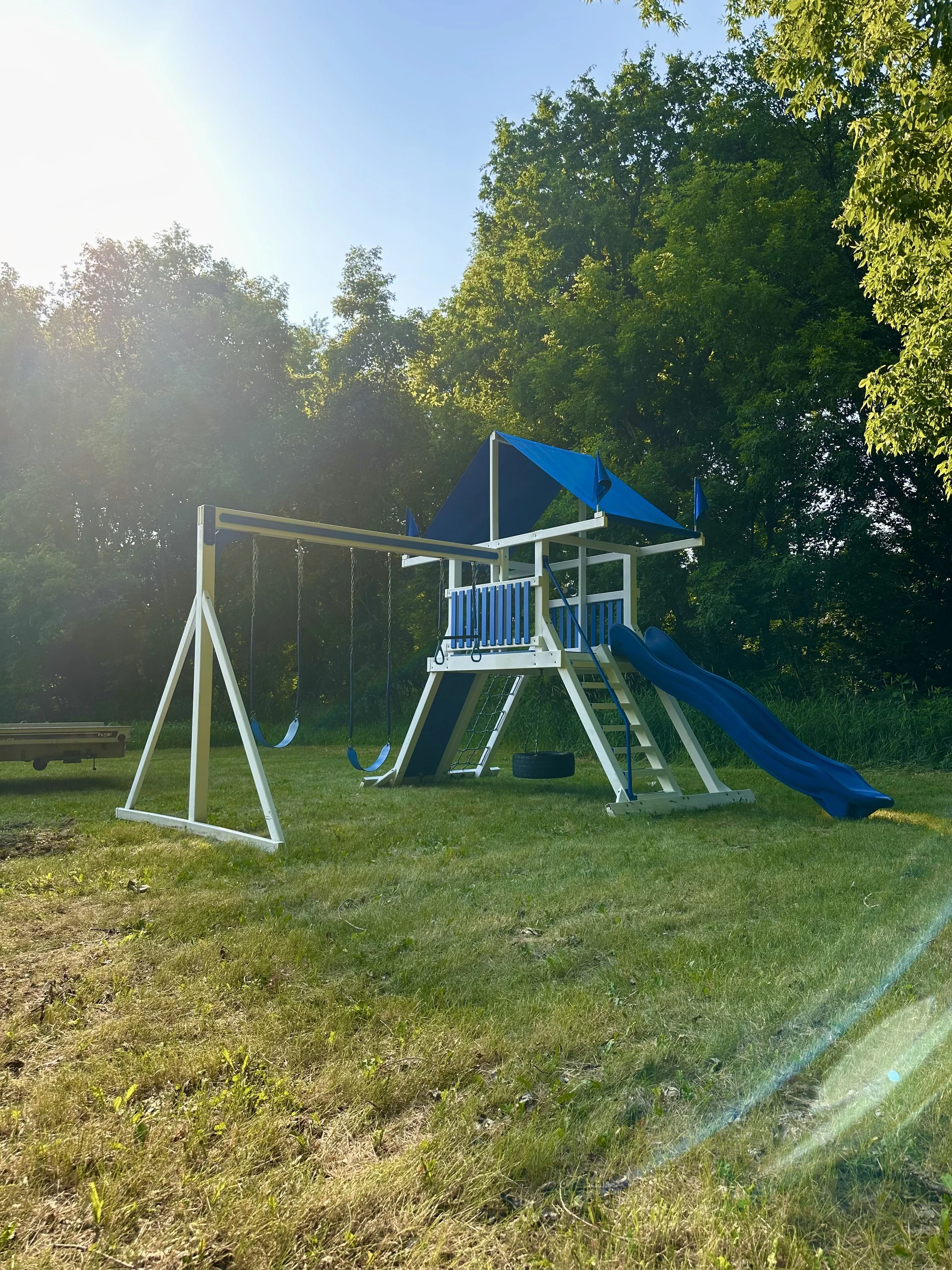A blue and white playground slide and swing set with a canopy, surrounded by green grass and tall trees under a clear blue sky with sunlight.