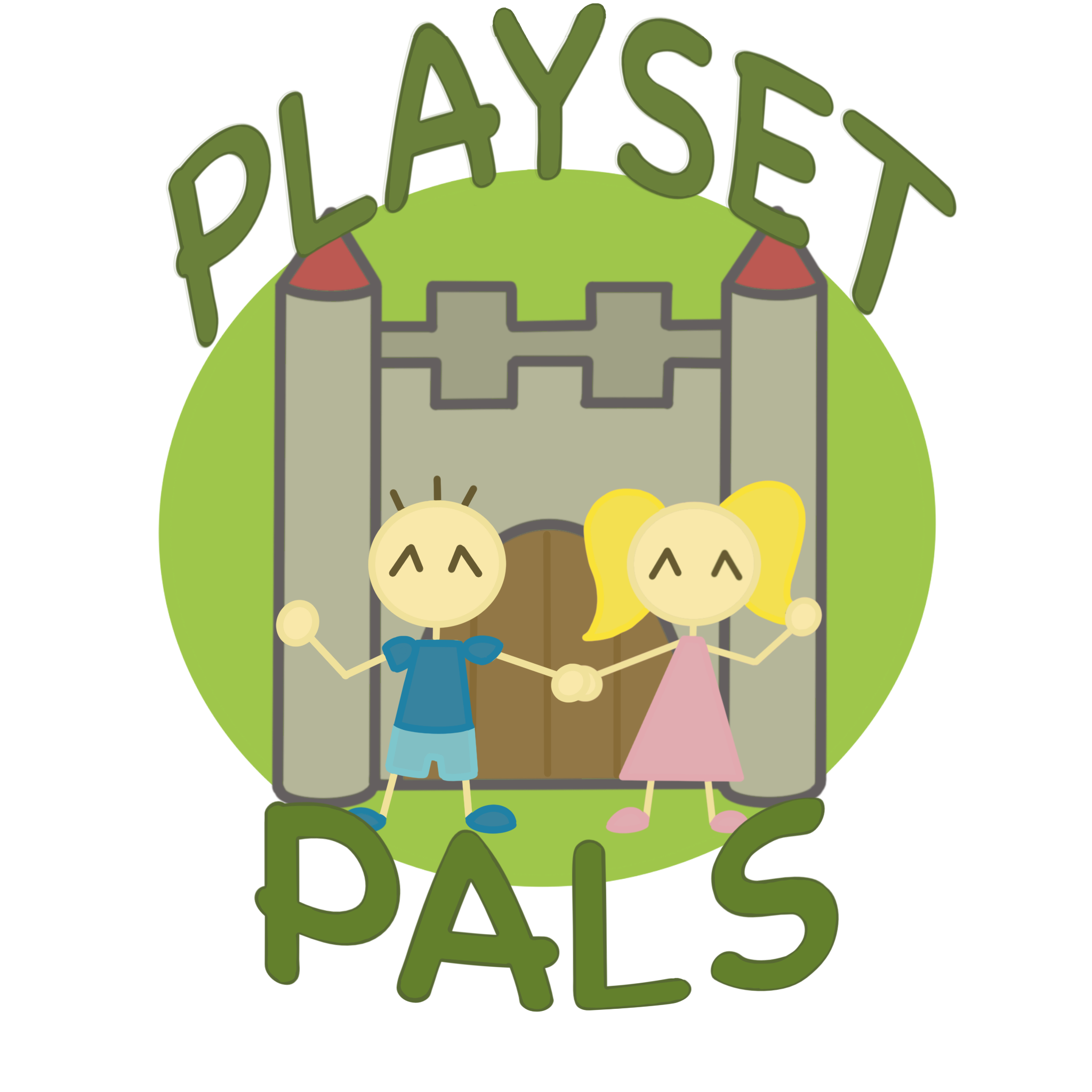Cute cartoon illustration of the phrase 'Play Stay Safe' with children playing around a castle and the words arranged in a fun, colorful style.