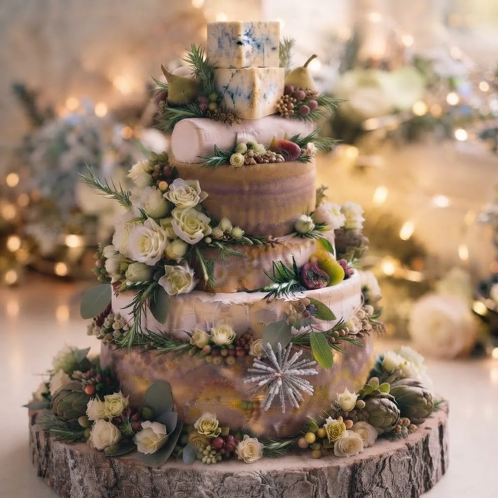 A rustic multi-tiered wedding cake decorated with flowers, greenery, figs, and artichokes, placed on a wooden slab with blurred festive lights in the background.