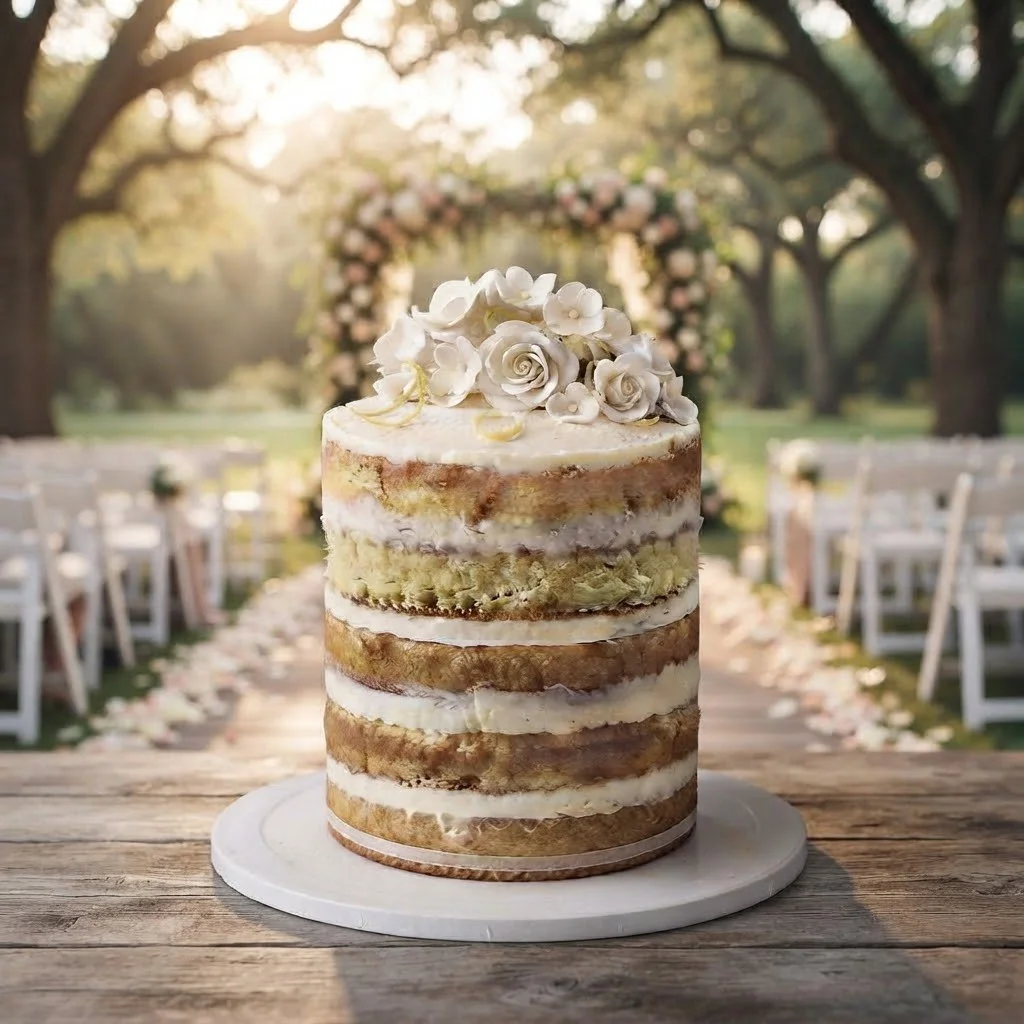 Naked wedding cake with white frosting and floral decorations on top, set on a wooden table outdoors in a garden with chairs and an arch decorated with flowers in the background.