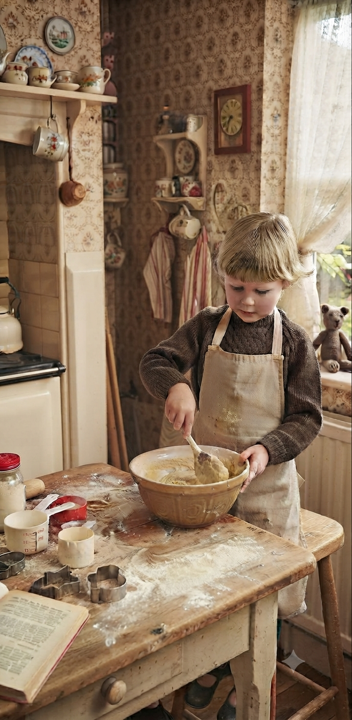 A young boy wearing a brown sweater and apron mixing ingredients in a large bowl in a vintage kitchen with baking supplies and a teddy bear on the windowsill.