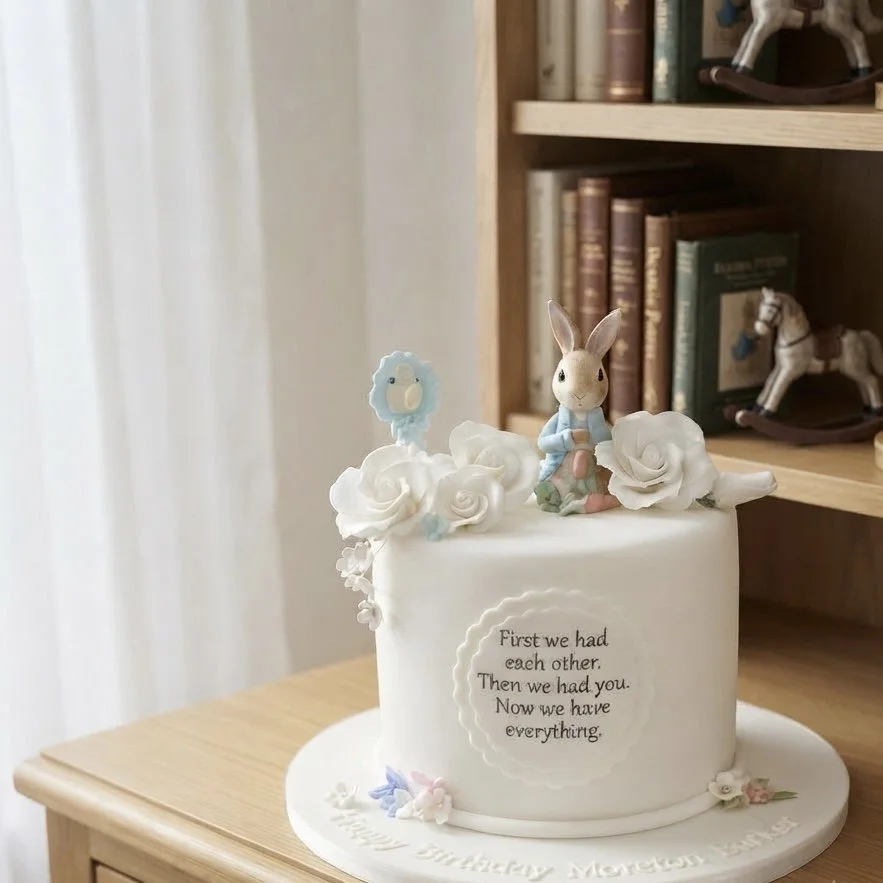 A white birthday cake with bunny and floral decorations, a rabbit figurine on top, and a message that reads, 'Furst we had each other. Then we had you. Now we have everything.' It is placed on a wooden table with books and rocking horse figurines in the background.