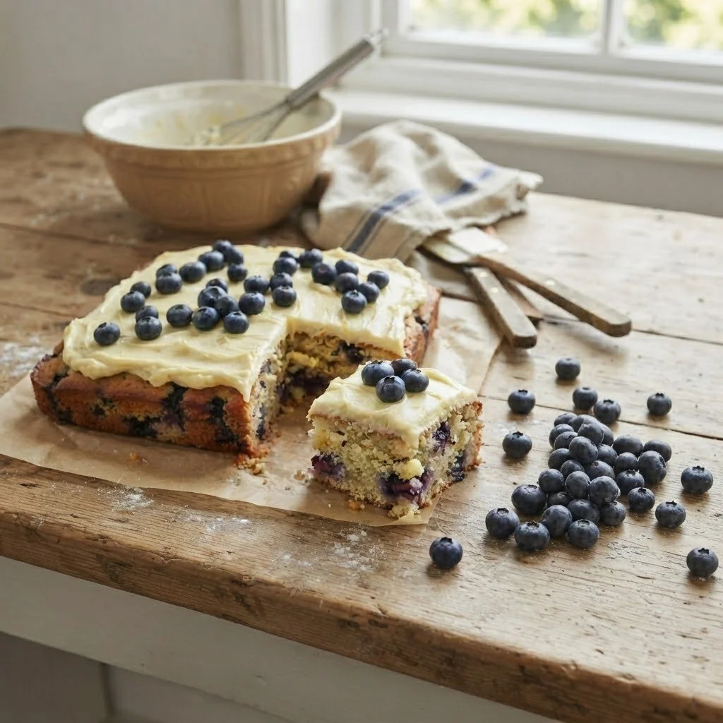 Decadent blueberry cake with white frosting and fresh berries served on rustic wood. Handcrafted luxury treats designed for sweet indulgence.