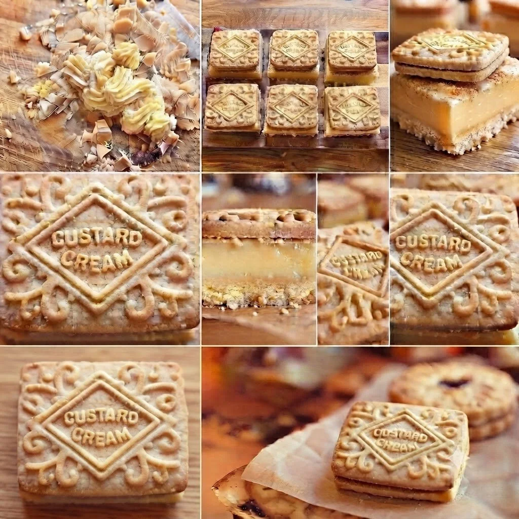 Collage of custard cream traybake pieces showing decorated tops, creamy filling, cross-sections, and a broken piece.
