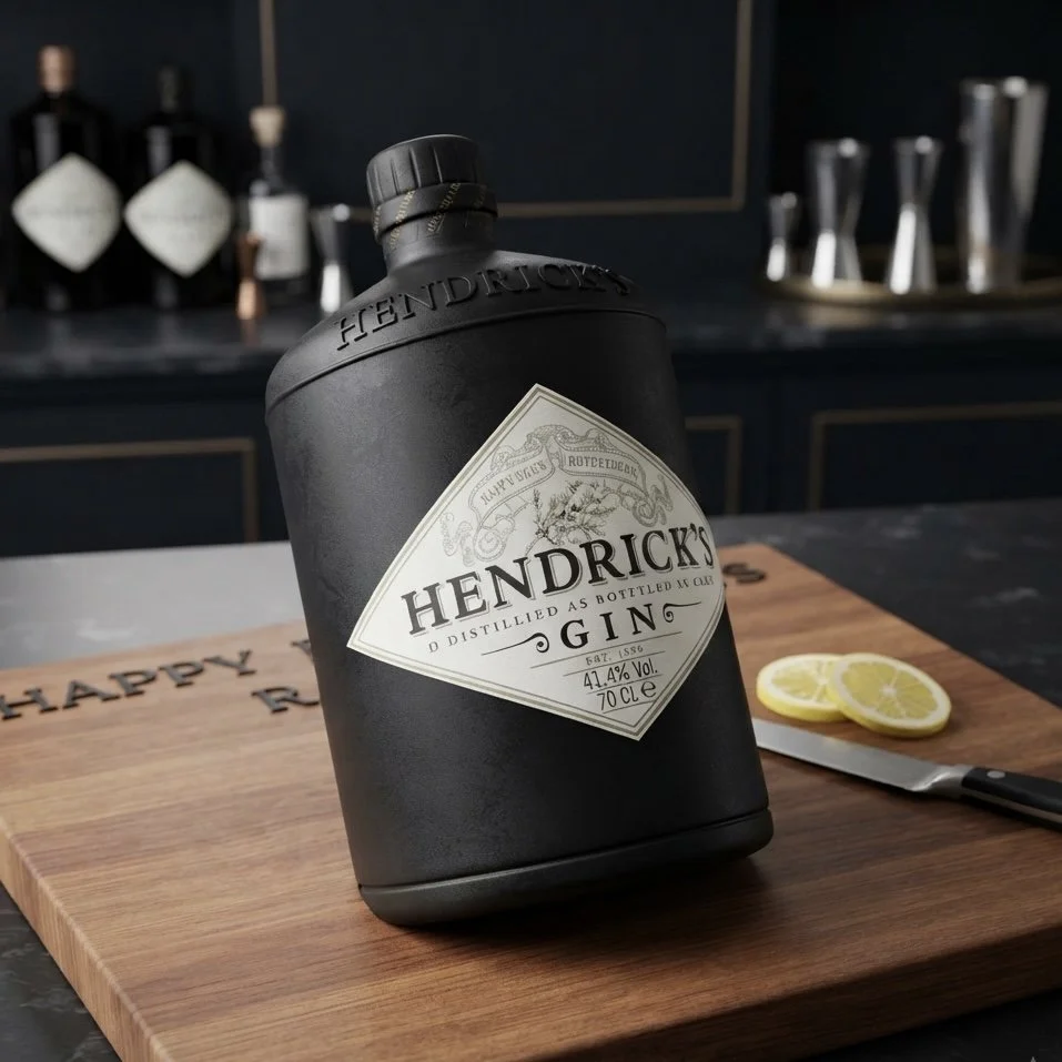 Fondant cake shaped like a black Hendrick’s gin bottle on a wooden board with lemons and a knife