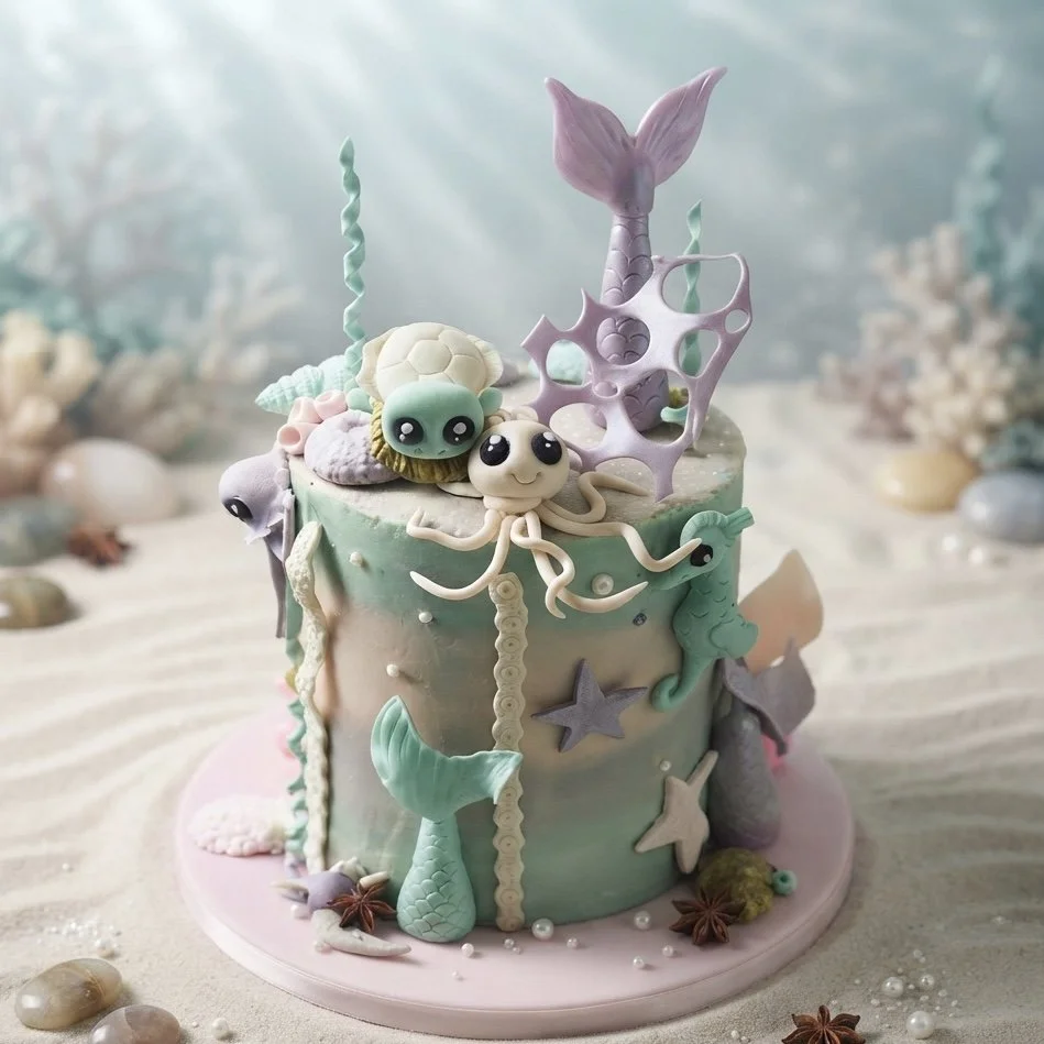 A pastel-colored cake decorated with sea-themed fondant decorations, including mermaid tails, starfish, seashells, an octopus, and a turtle, set on a sandy surface with seashells around.