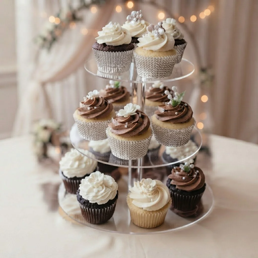 A three-tiered glass stand displays various cupcakes decorated with cream and chocolate frosting, adorned with small edible pearls and flowers. The background features blurred fairy lights and a draped curtain.