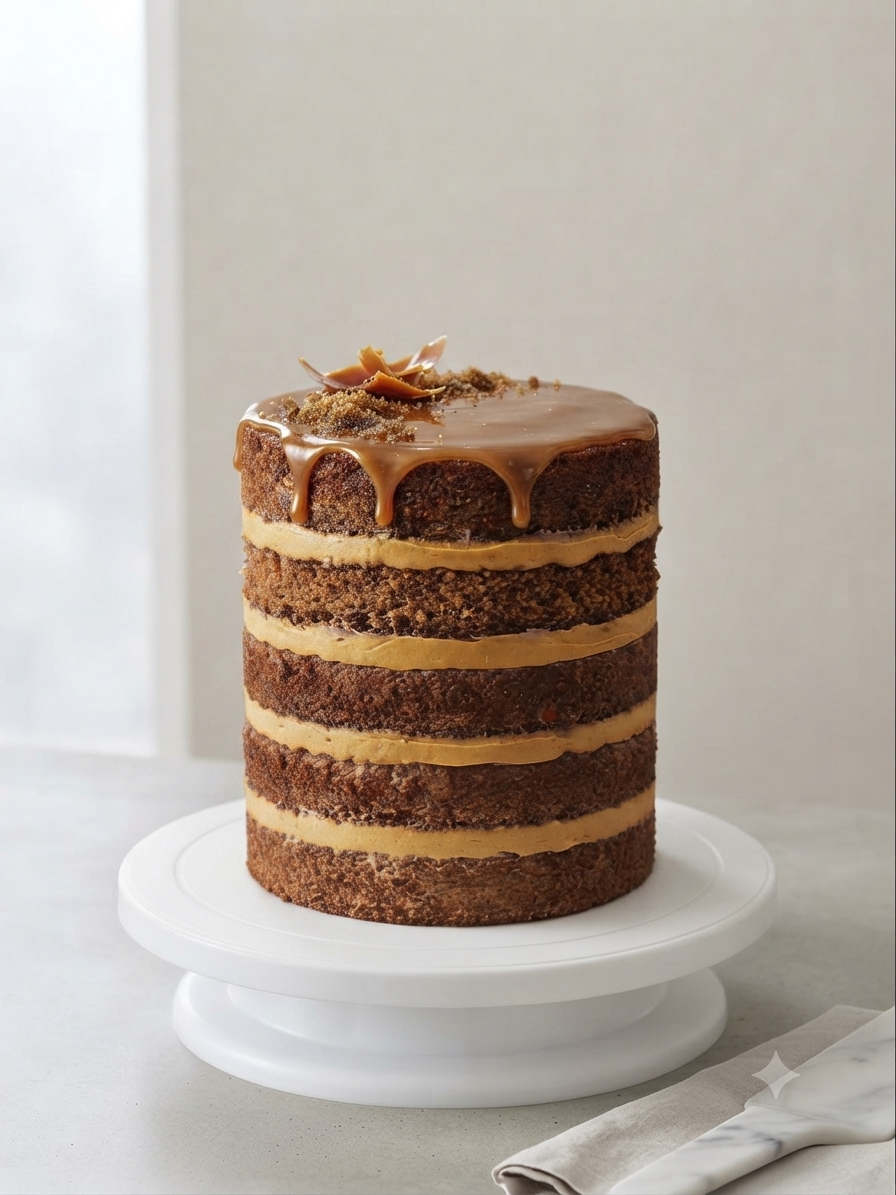 A tall, multi-layered chocolate cake with caramel filling and a shiny caramel glaze on top, decorated with chocolate shavings.