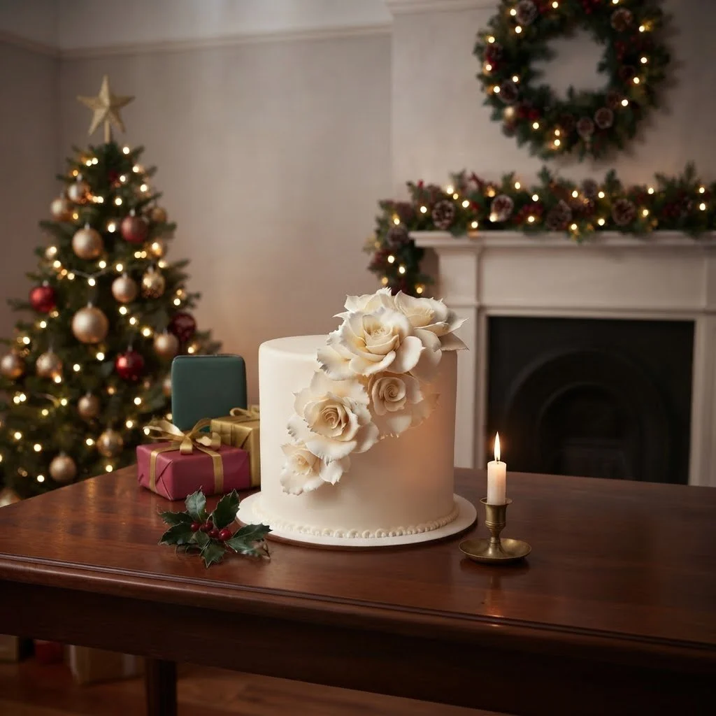 Wedding cake with white roses, holly leaves, a lit candle, presents, a Christmas tree with ornaments and star topper, and a decorated fireplace mantel in a festive room.