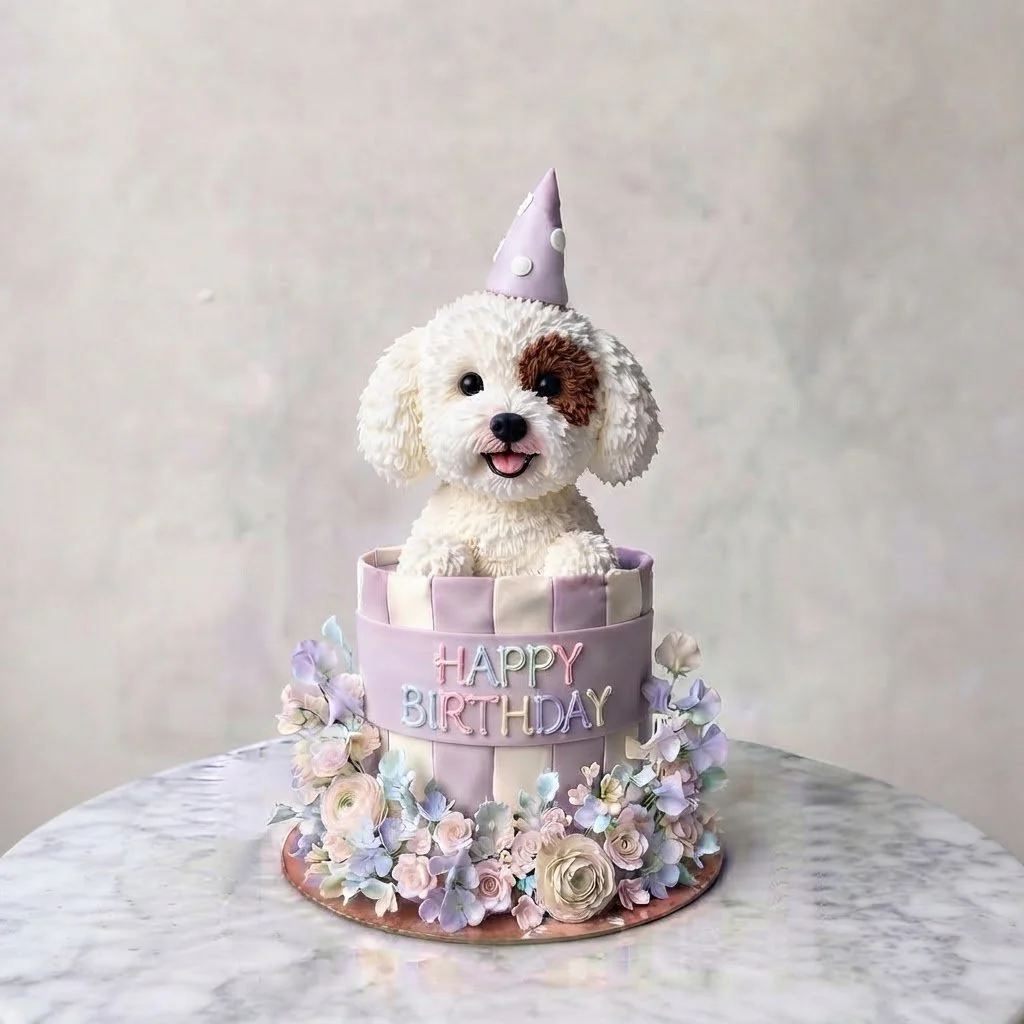 A birthday cake decorated with a dog figure wearing a party hat. The cake has pastel colors, floral decorations, and the words 'HAPPY BIRTHDAY' on the front.