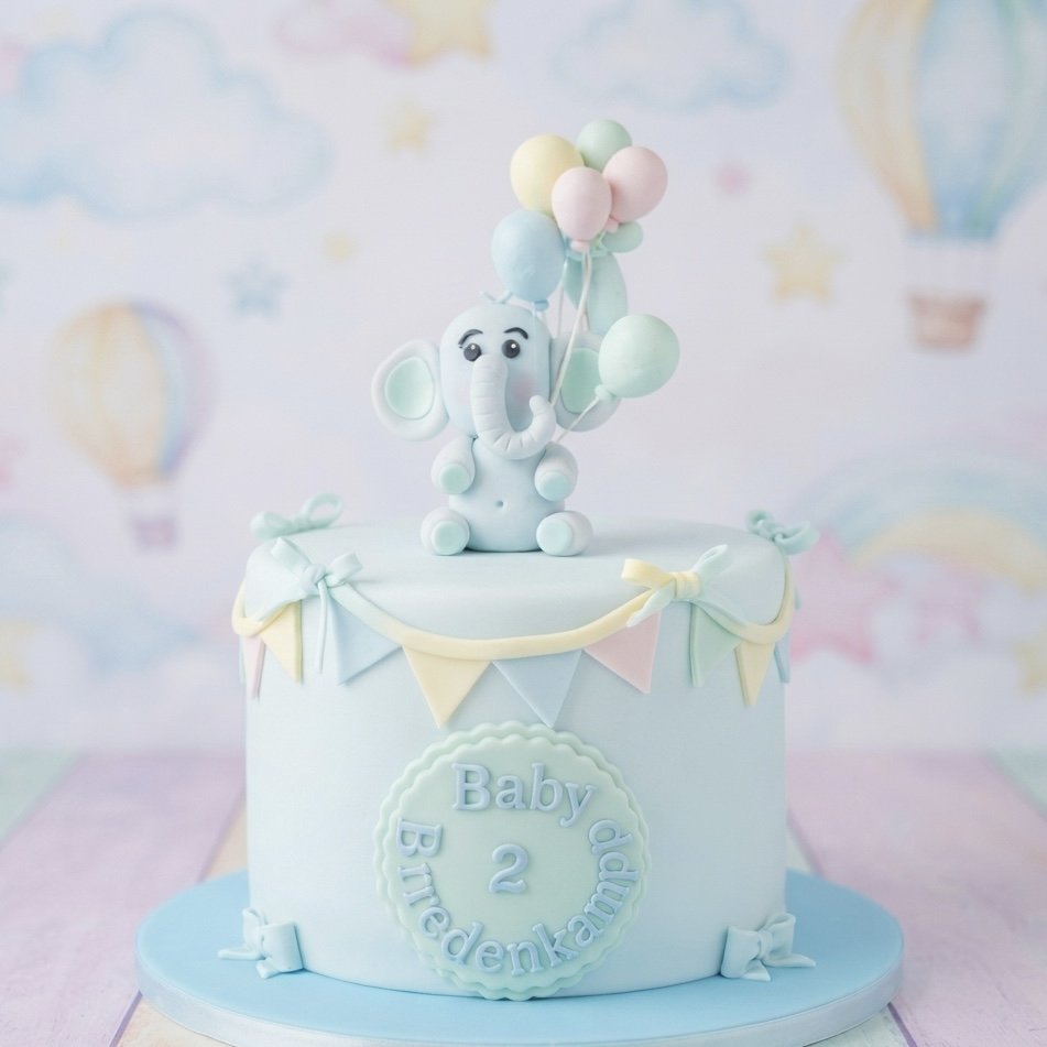 A pastel blue birthday cake with an elephant topper holding balloons, with a sign that reads "Baby 2 Bundenkamp."