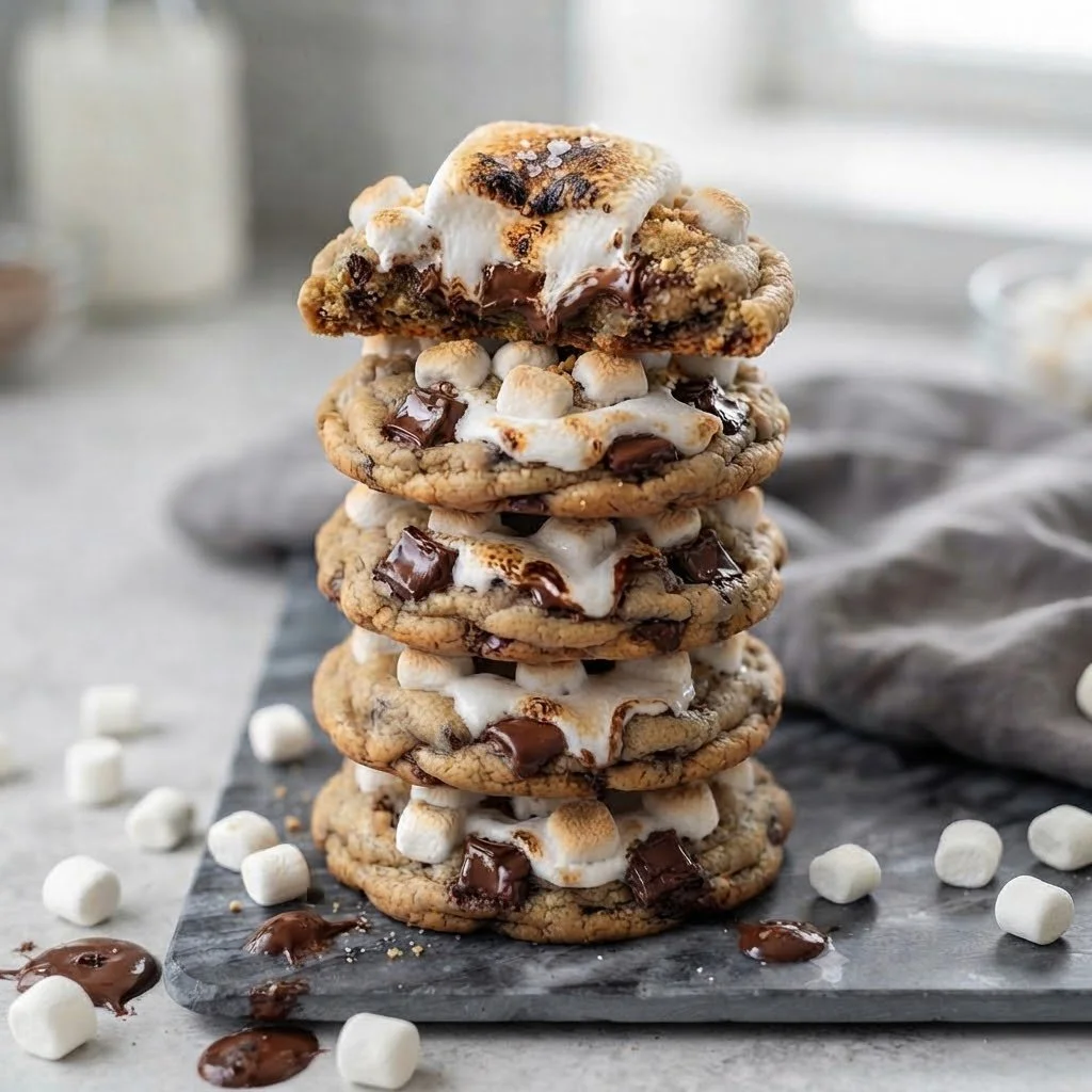 Decadent stack of five s'mores cookies with melted chocolate and marshmallows on marble. Handcrafted luxury treats designed for sweet indulgence.