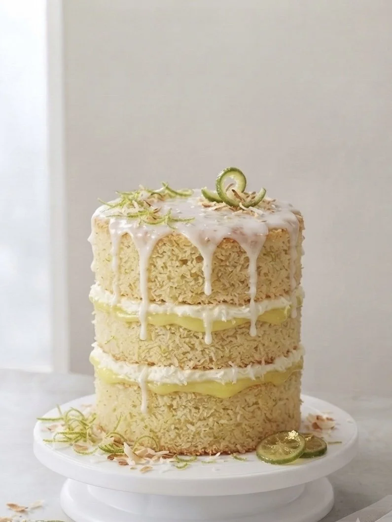 Three-layer coconut cake with white icing, garnished with lime slices and lime zest on top, on a white cake stand.