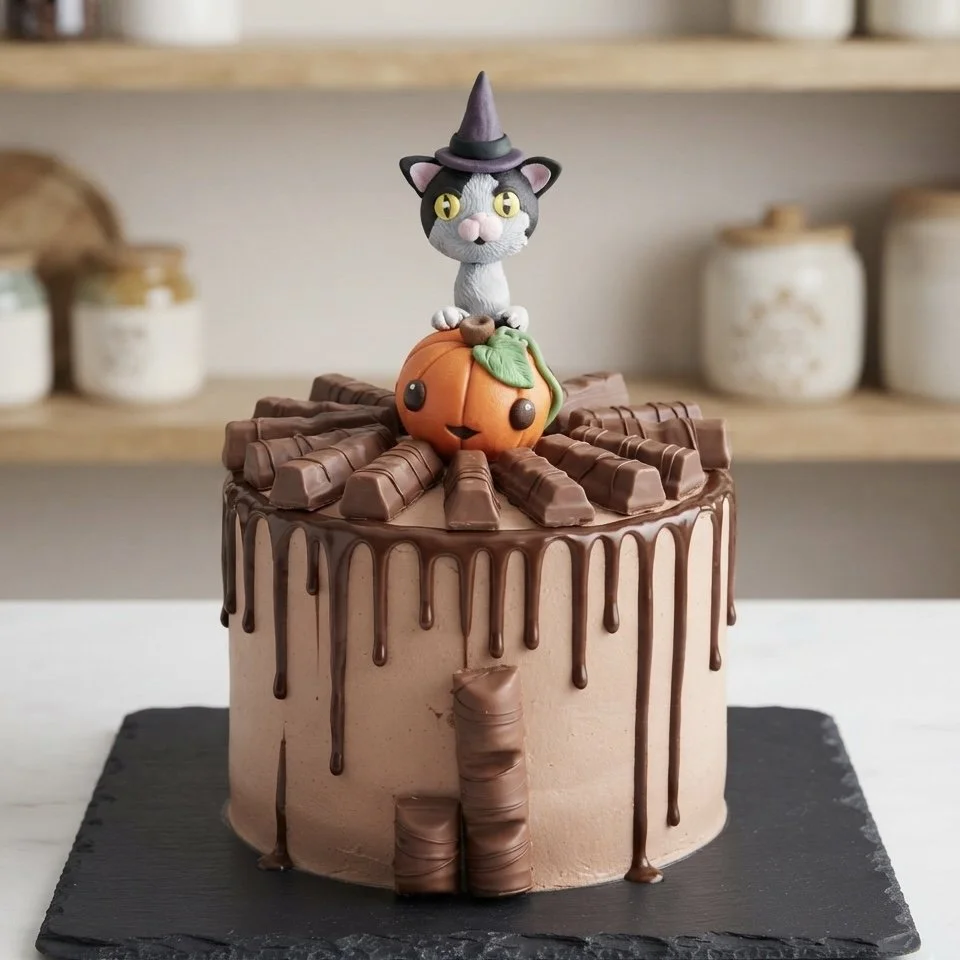 Chocolate Halloween cake decorated with chocolate bars and drips, featuring a cat figurine in a witch hat and a pumpkin topped with a green leaf.