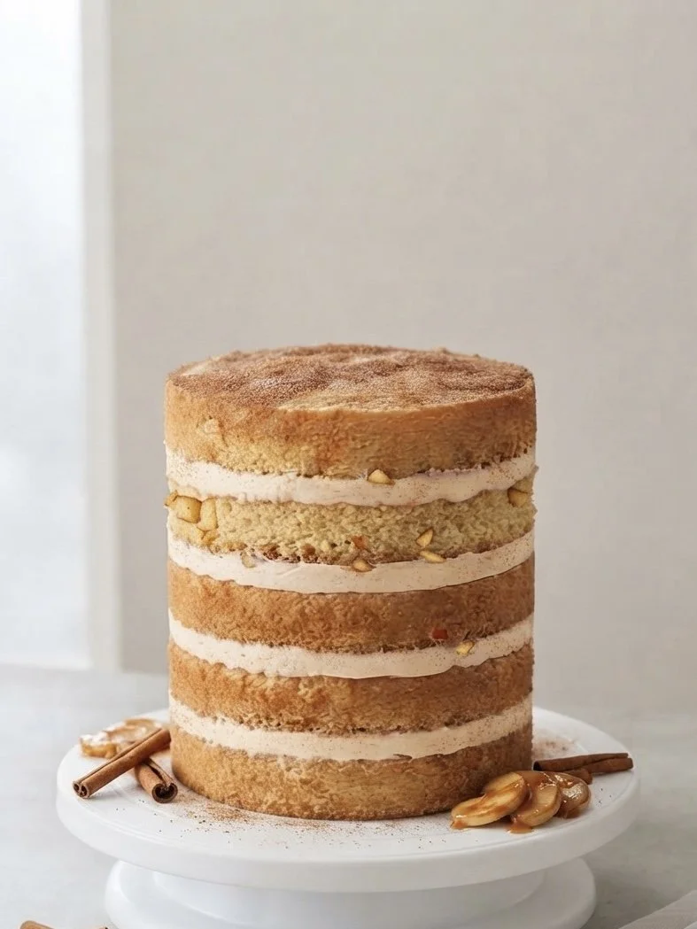 A tall layered cake with multiple layers of vanilla sponge and creamy filling, topped with a sprinkle of cinnamon, garnished with cinnamon sticks and caramelized nuts on the side.