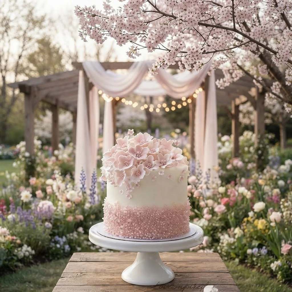 Bespoke outdoor wedding cake decorated with pink sugar flowers and pearls. Handcrafted luxury celebration cakes designed for elegant garden events.