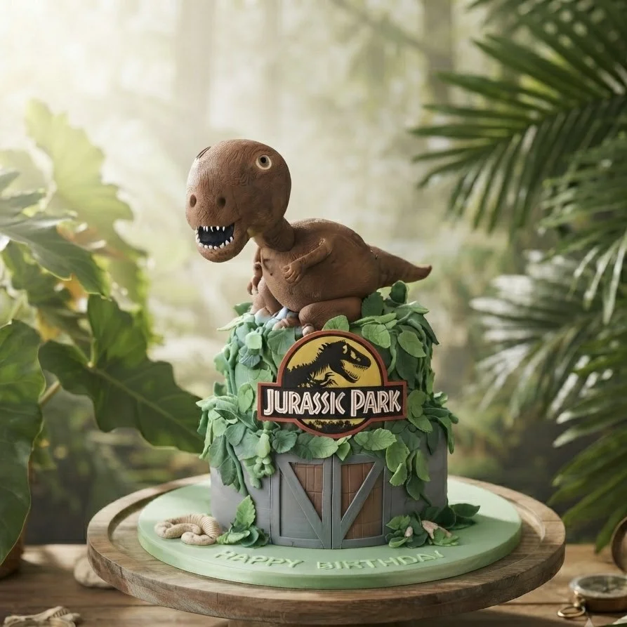 A Jurasick Park-themed birthday cake featuring a dinosaur figure on top, with jungle leaves and a Jurassic Park sign, set on a wooden cake board with a green base and "Happy Birthday" written on it.