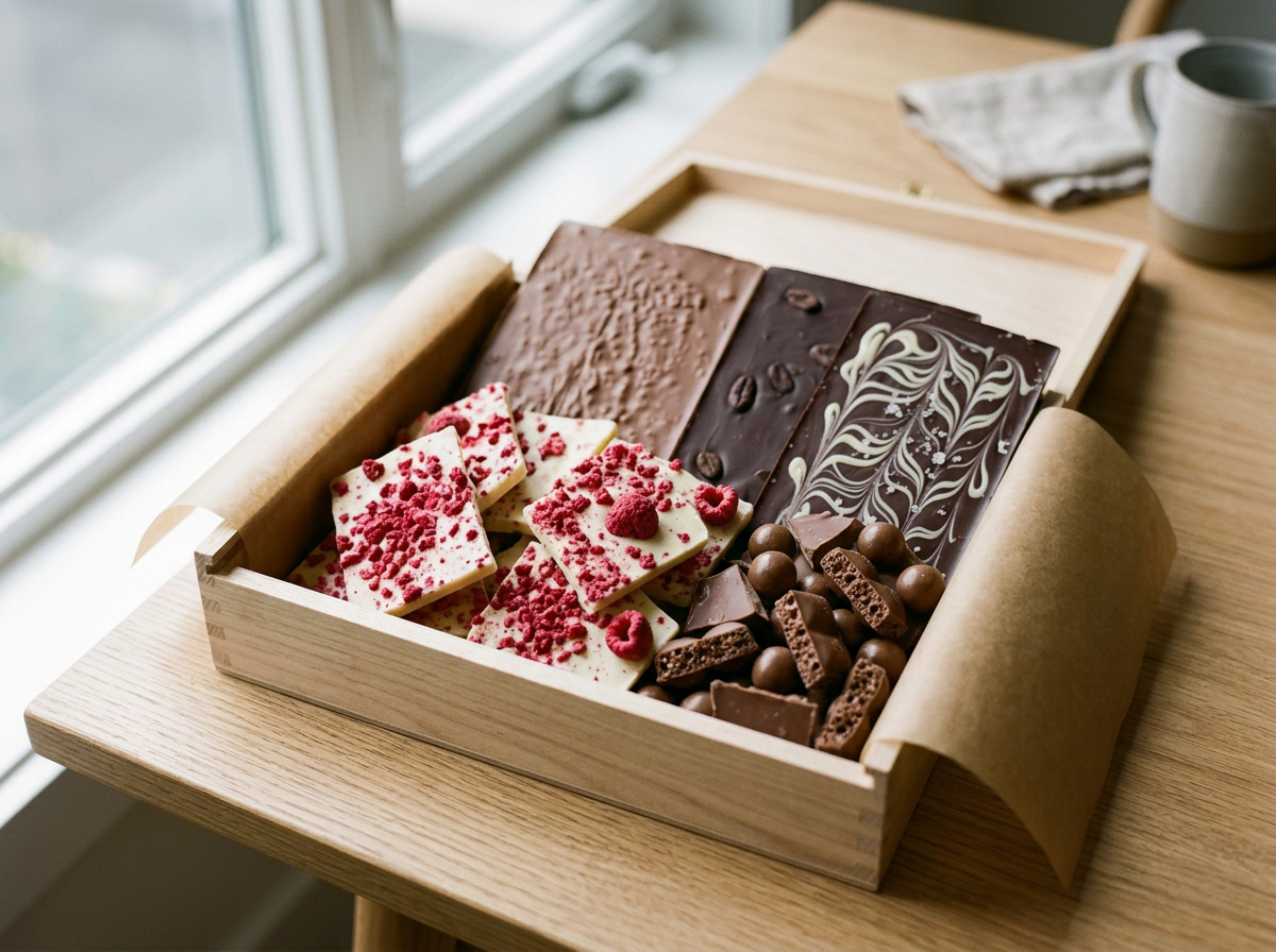 Assorted chocolates and white chocolate bark with red sprinkles in a wooden box on a light wooden table near a window.