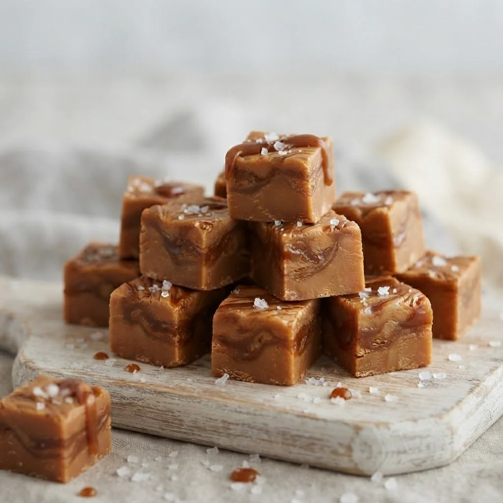 A stack of caramel fudge squares on a wooden board, with coarse salt sprinkled on top.