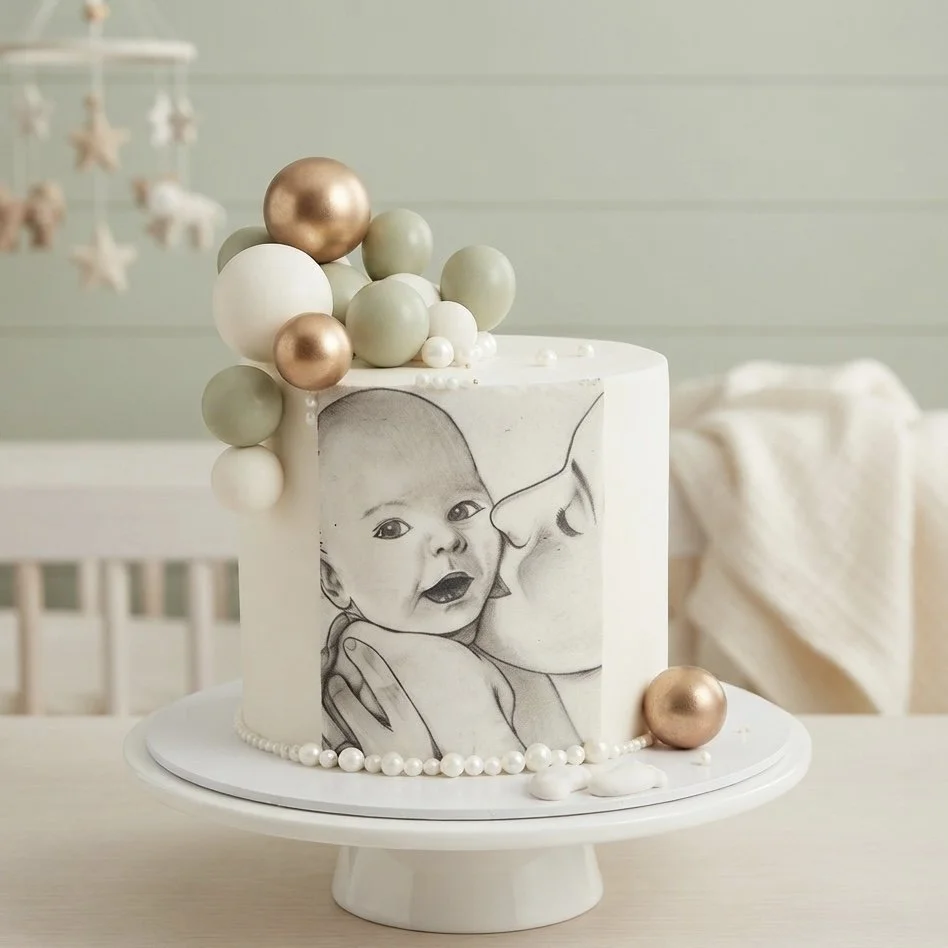 A white cake decorated with pastel-colored balls and a black and white sketch of a baby being kissed by a woman.
