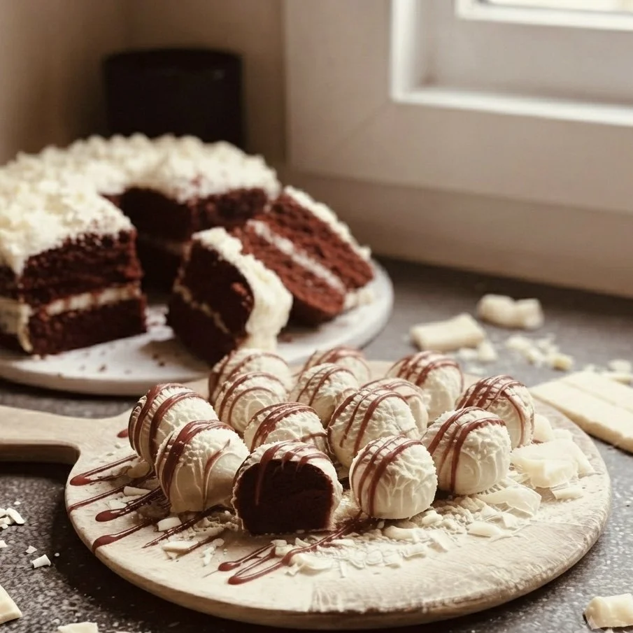 Chocolate cake with white frosting and white chocolate balls drizzled with chocolate, placed on a wooden serving board.