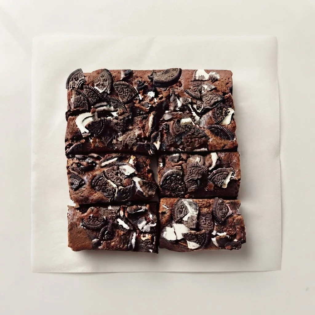 Decadent vegan Oreo brownies topped with crumbled cookies served on white baking parchment. Handcrafted luxury treats designed for plant-based indulgence.