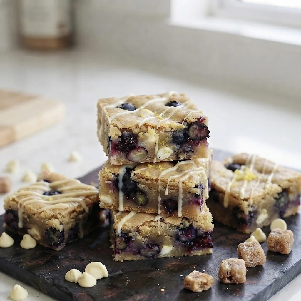 Decadent stacked blueberry and white chocolate blondies with drizzle served on a slate board. Handcrafted luxury treats designed for sweet indulgence.