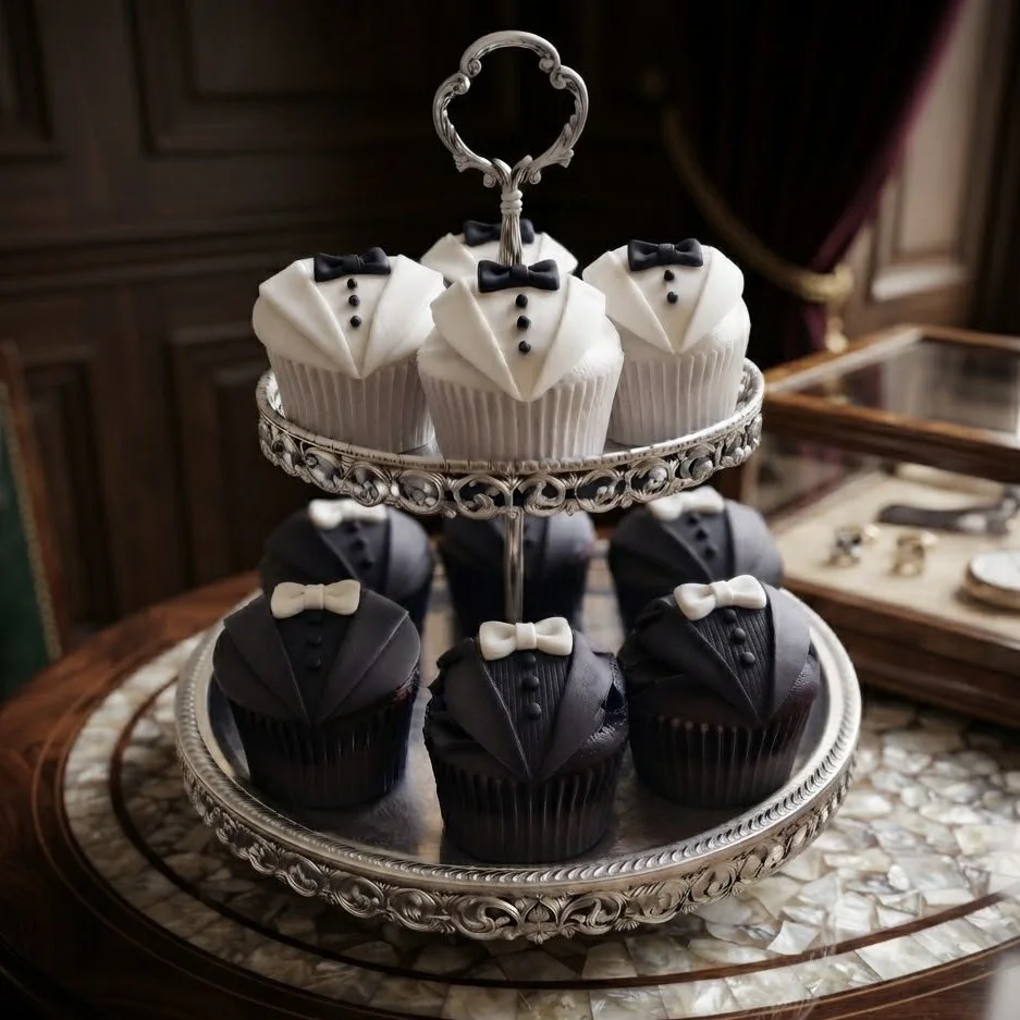 Elegant tuxedo themed cupcakes decorated with black and white fondant accents on a stand. Handcrafted luxury treats designed for chic celebrations.