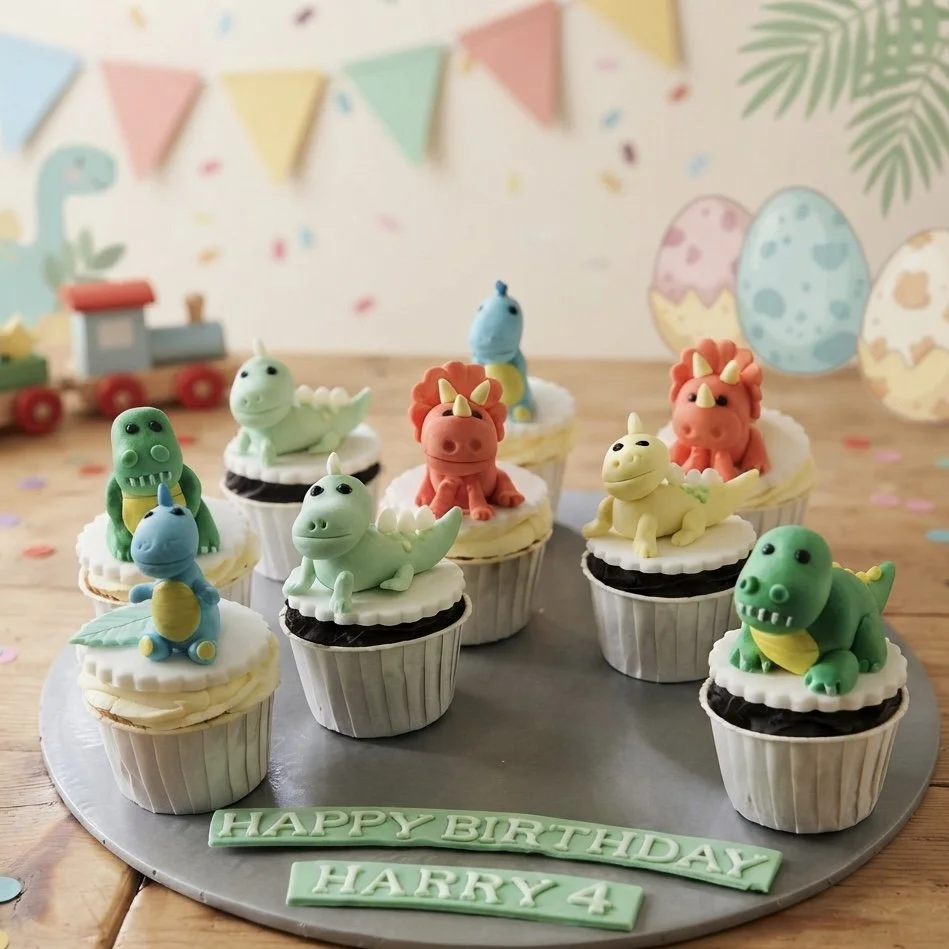 Colourful dinosaur cupcakes in pastel shades with Happy Birthday Harry 4 message on a tray. Handcrafted bespoke treats designed for children's parties.