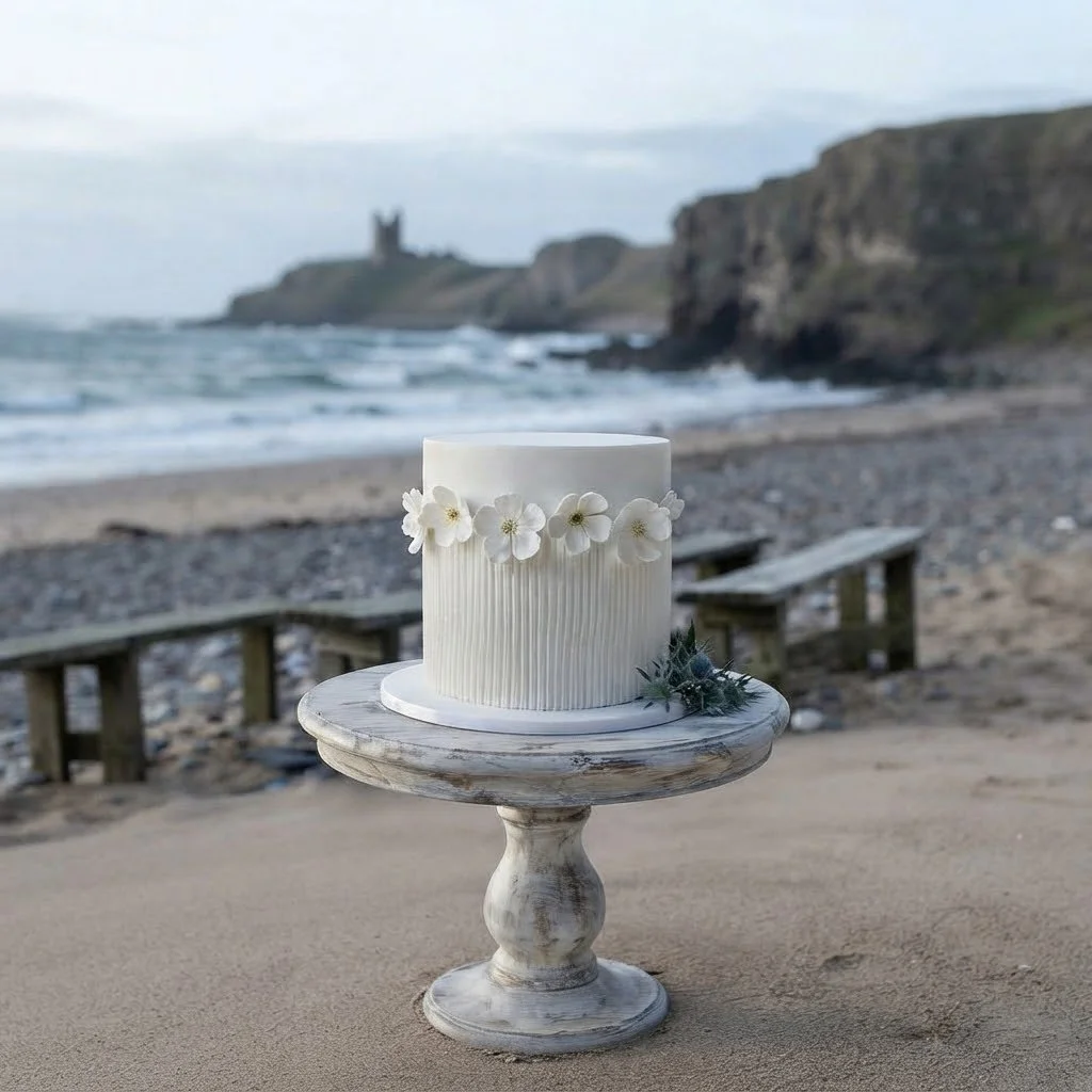 A white cake decorated with white flowers sits on a rustic wooden cake stand at the beach, with cliffs and the ocean in the background.