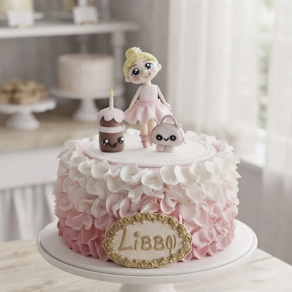 Pink and white ruffled birthday cake with a doll figure on top, along with a small cake and handbag, and a gold nameplate reading "Libby" in front.
