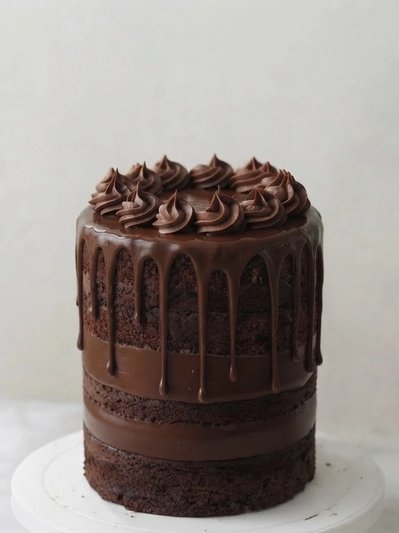 Chocolate layer cake topped with chocolate frosting and decorated with chocolate piped swirls, with chocolate ganache dripping down the sides.